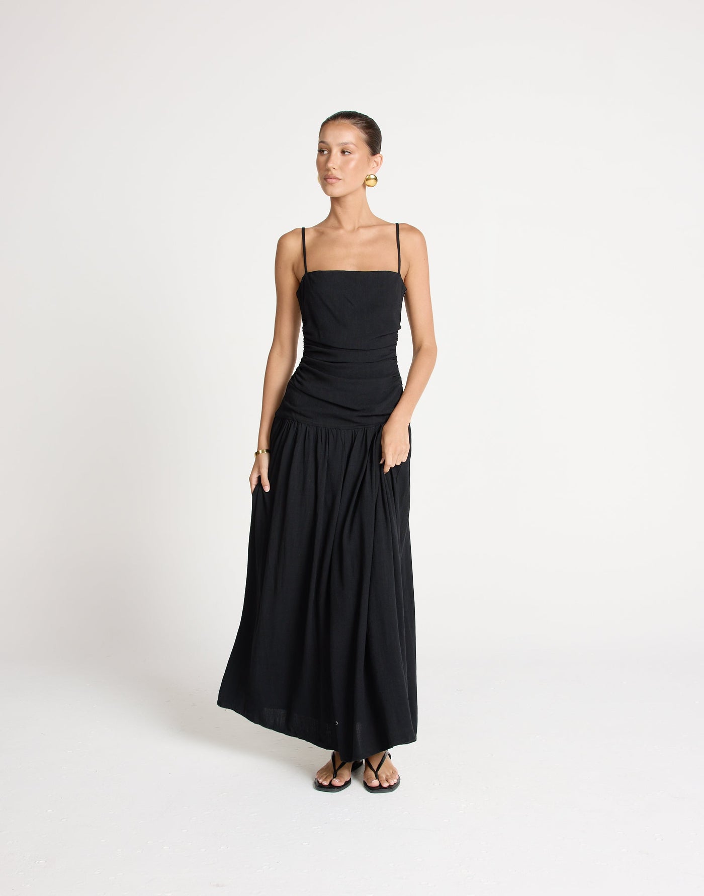 Reese Maxi Dress (Black) | CHARCOAL EXCLUSIVE | Gathered Drop Waist Maxi Dress Linen Blend - Women's Dress - Charcoal Clothing