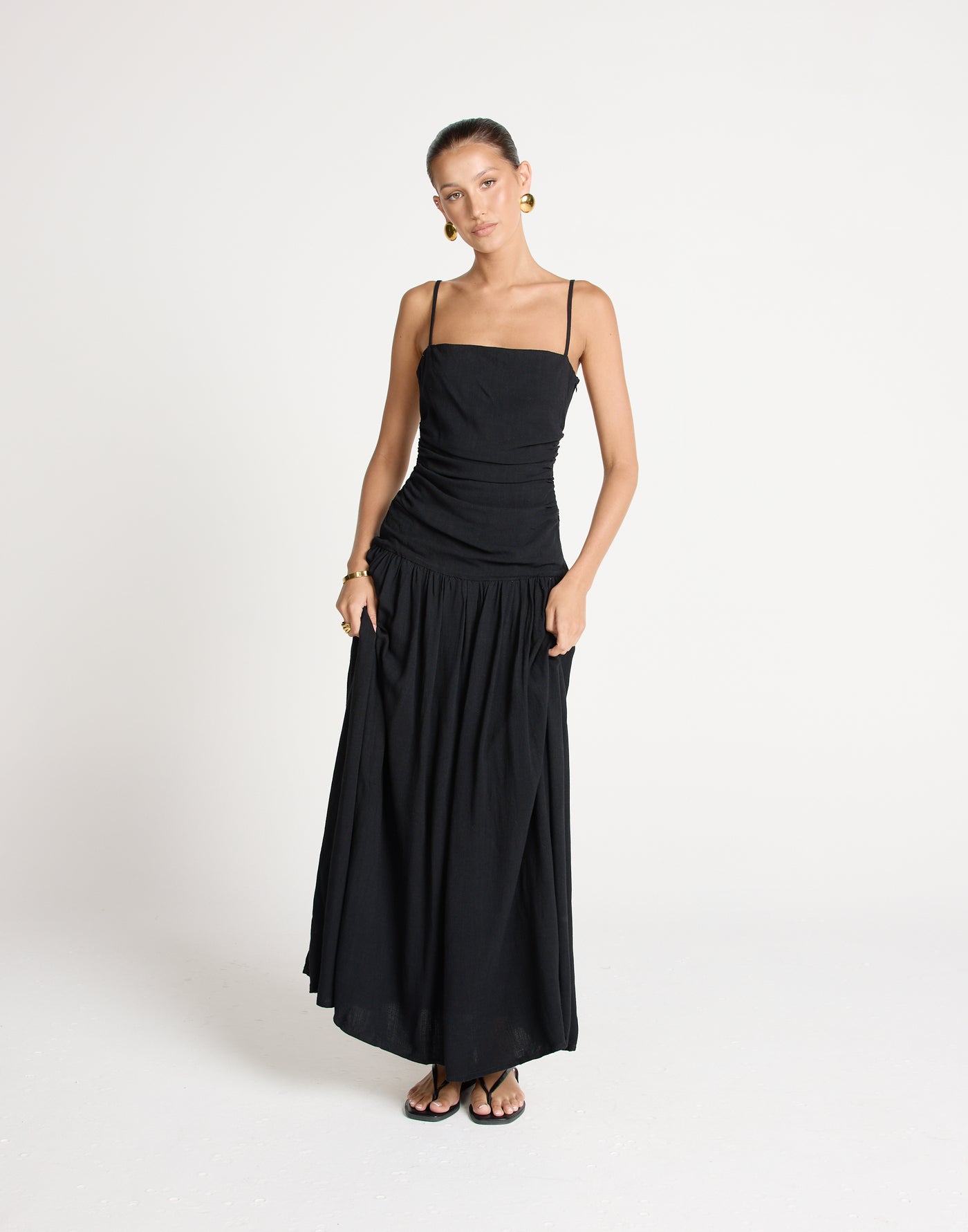 Reese Maxi Dress (Black) | CHARCOAL EXCLUSIVE | Gathered Drop Waist Maxi Dress Linen Blend - Women's Dress - Charcoal Clothing