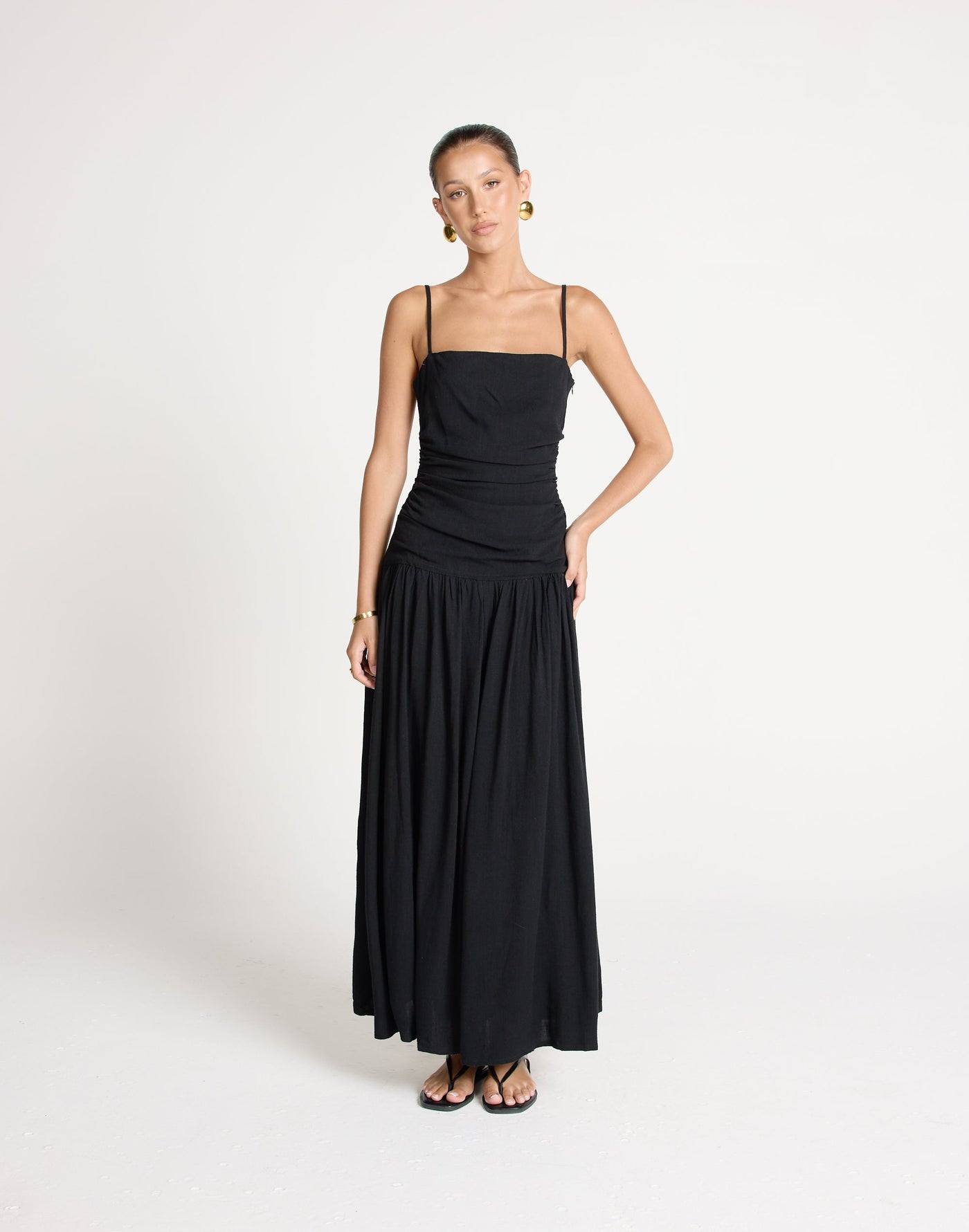 Reese Maxi Dress (Black) | CHARCOAL EXCLUSIVE | Gathered Drop Waist Maxi Dress Linen Blend - Women's Dress - Charcoal Clothing