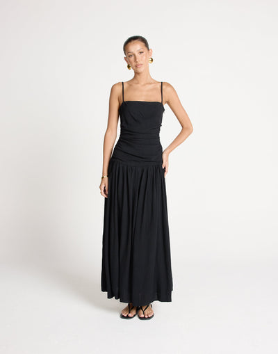 Reese Maxi Dress (Black) | CHARCOAL EXCLUSIVE | Gathered Drop Waist Maxi Dress Linen Blend - Women's Dress - Charcoal Clothing