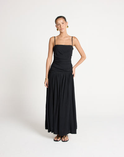 Reese Maxi Dress (Black) | CHARCOAL EXCLUSIVE | Gathered Drop Waist Maxi Dress Linen Blend - Women's Dress - Charcoal Clothing
