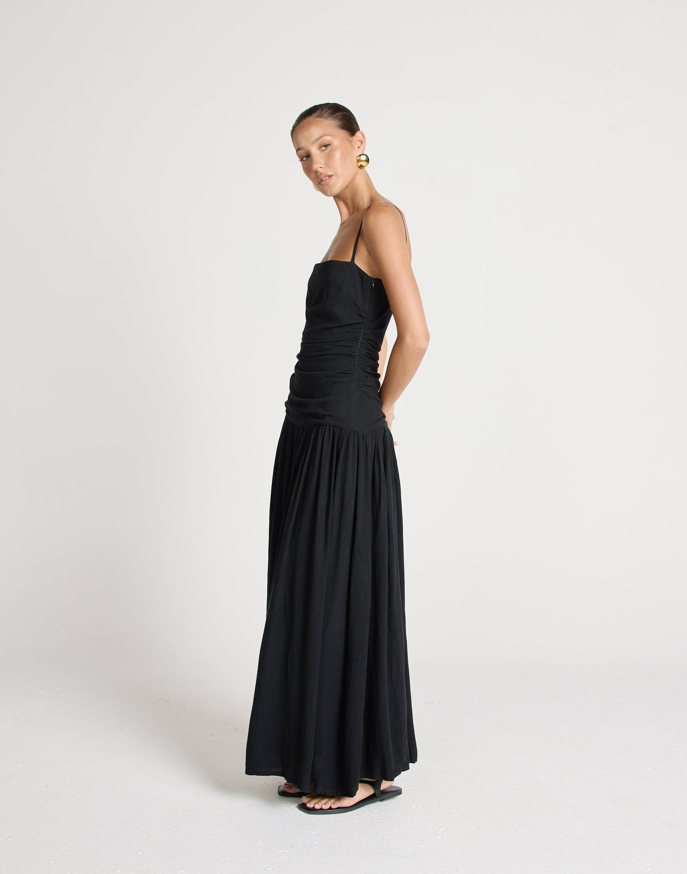 Reese Maxi Dress (Black) | CHARCOAL EXCLUSIVE | Gathered Drop Waist Maxi Dress Linen Blend - Women's Dress - Charcoal Clothing