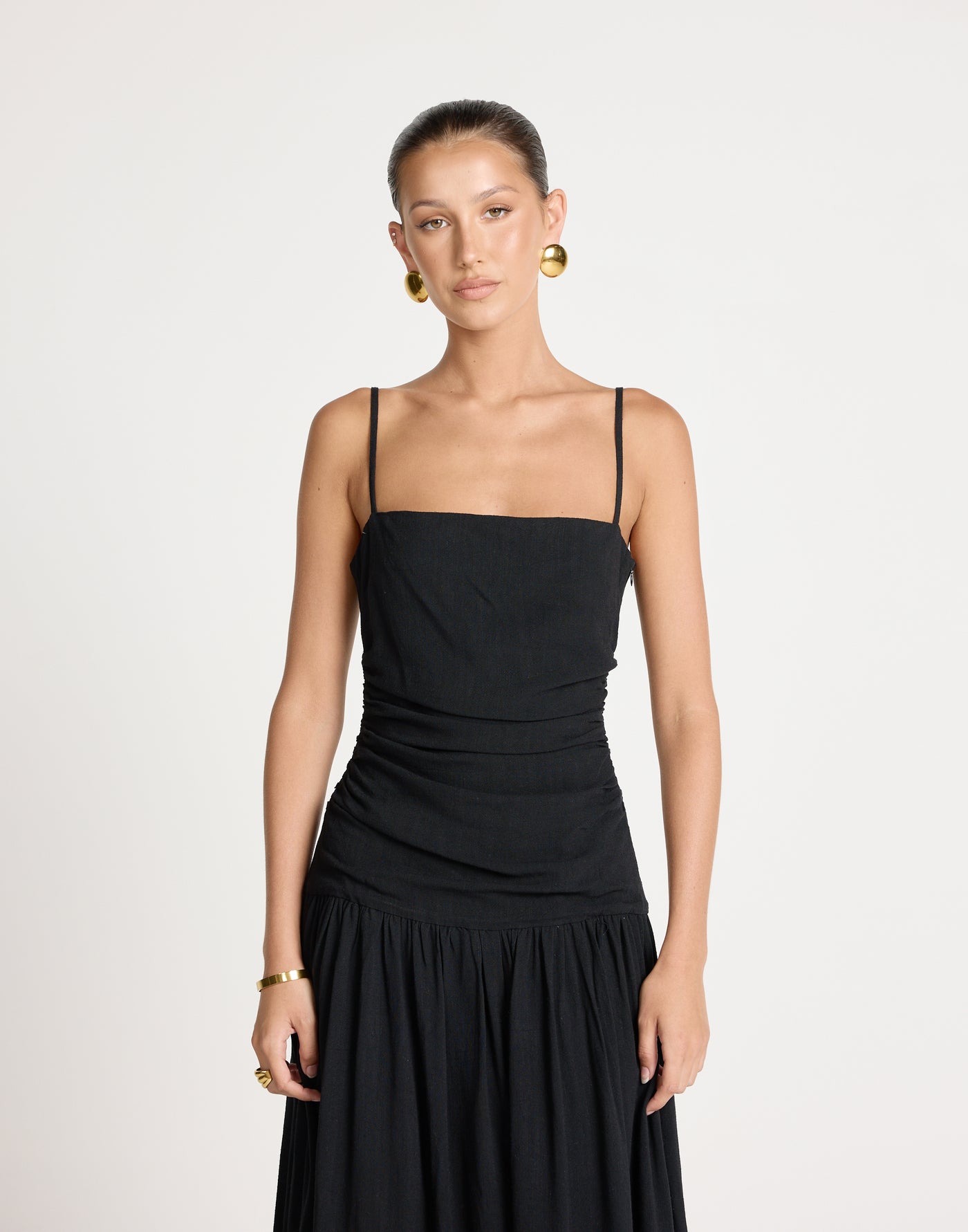 Reese Maxi Dress (Black) | CHARCOAL EXCLUSIVE | Gathered Drop Waist Maxi Dress Linen Blend - Women's Dress - Charcoal Clothing
