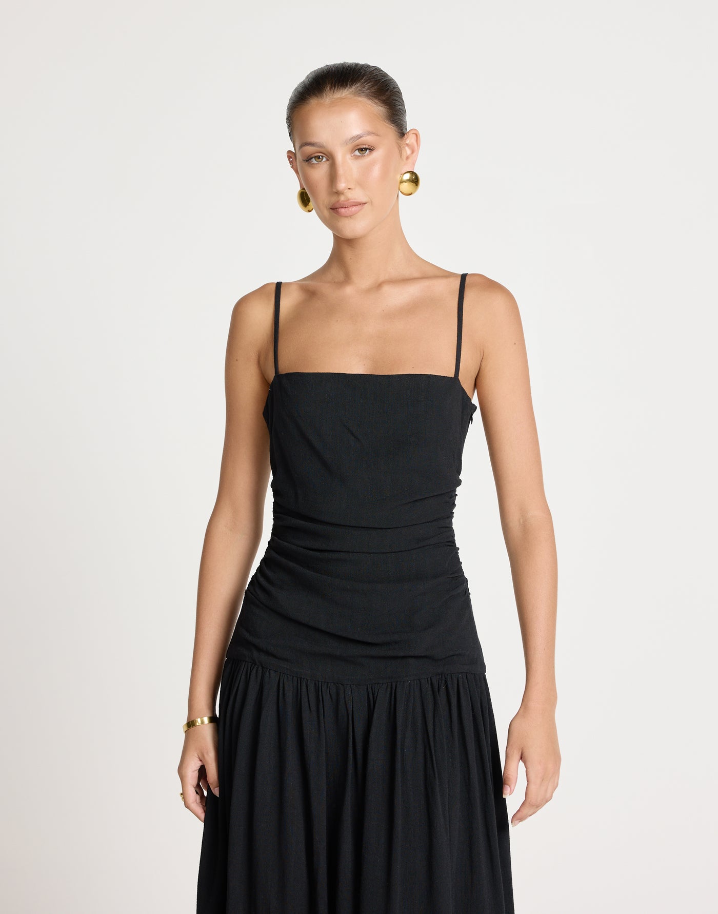 Reese Maxi Dress (Black) | CHARCOAL EXCLUSIVE | Gathered Drop Waist Maxi Dress Linen Blend - Women's Dress - Charcoal Clothing