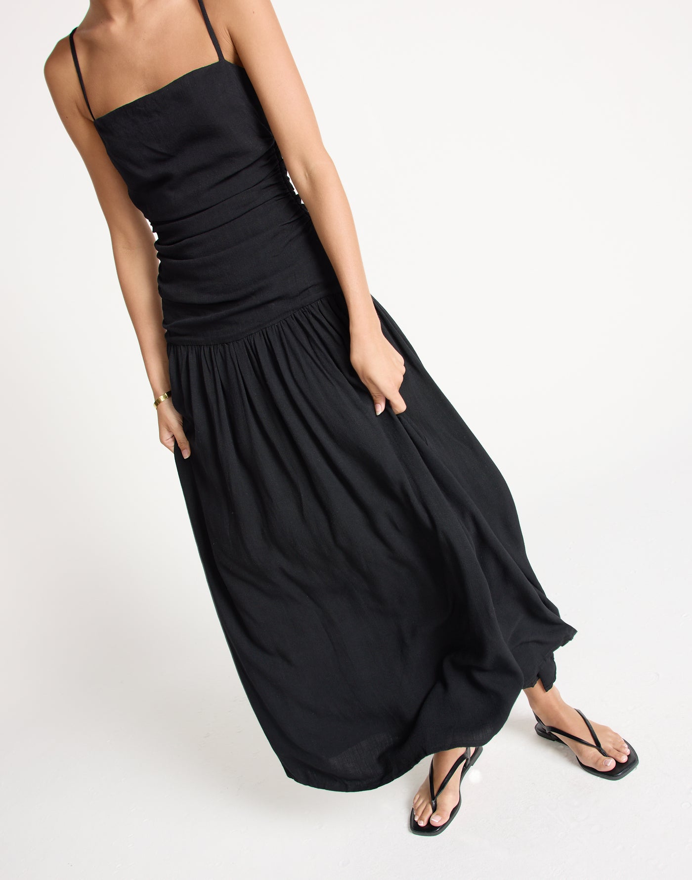 Reese Maxi Dress (Black) | CHARCOAL EXCLUSIVE | Gathered Drop Waist Maxi Dress Linen Blend - Women's Dress - Charcoal Clothing