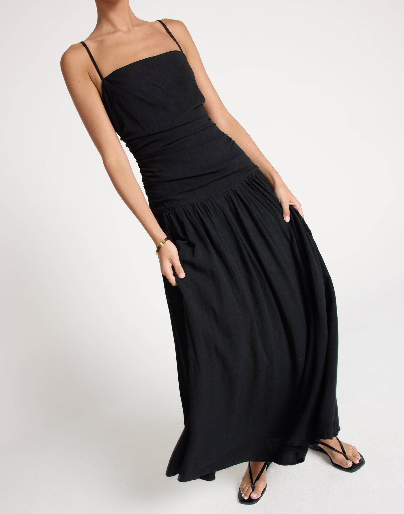 Reese Maxi Dress (Black) | CHARCOAL EXCLUSIVE | Gathered Drop Waist Maxi Dress Linen Blend - Women's Dress - Charcoal Clothing