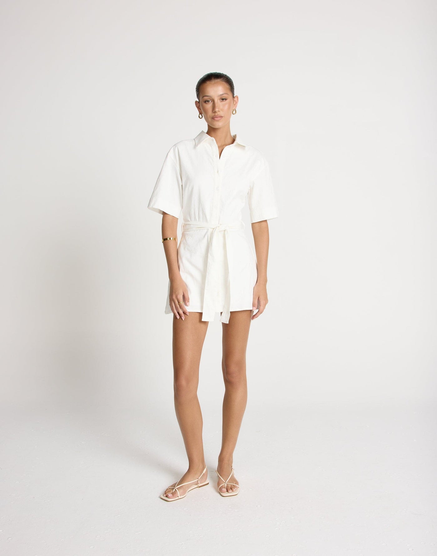 Lucy Mini Dress (White) | CHARCOAL EXCLUSIVE | Button Up Detail Adjustable Tie Mini Dress - Women's Dress - Charcoal Clothing