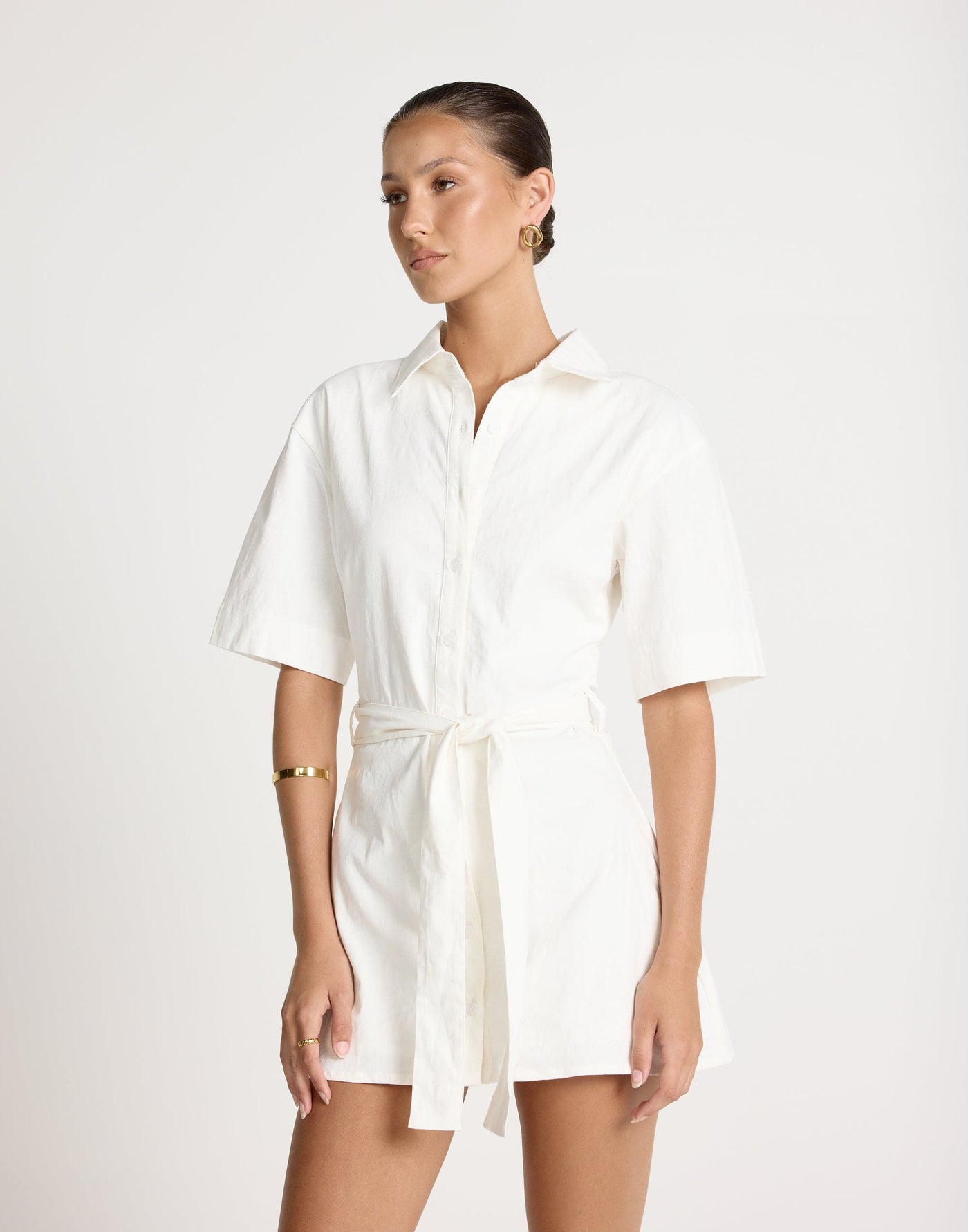 Lucy Mini Dress (White) | CHARCOAL EXCLUSIVE | Button Up Detail Adjustable Tie Mini Dress - Women's Dress - Charcoal Clothing