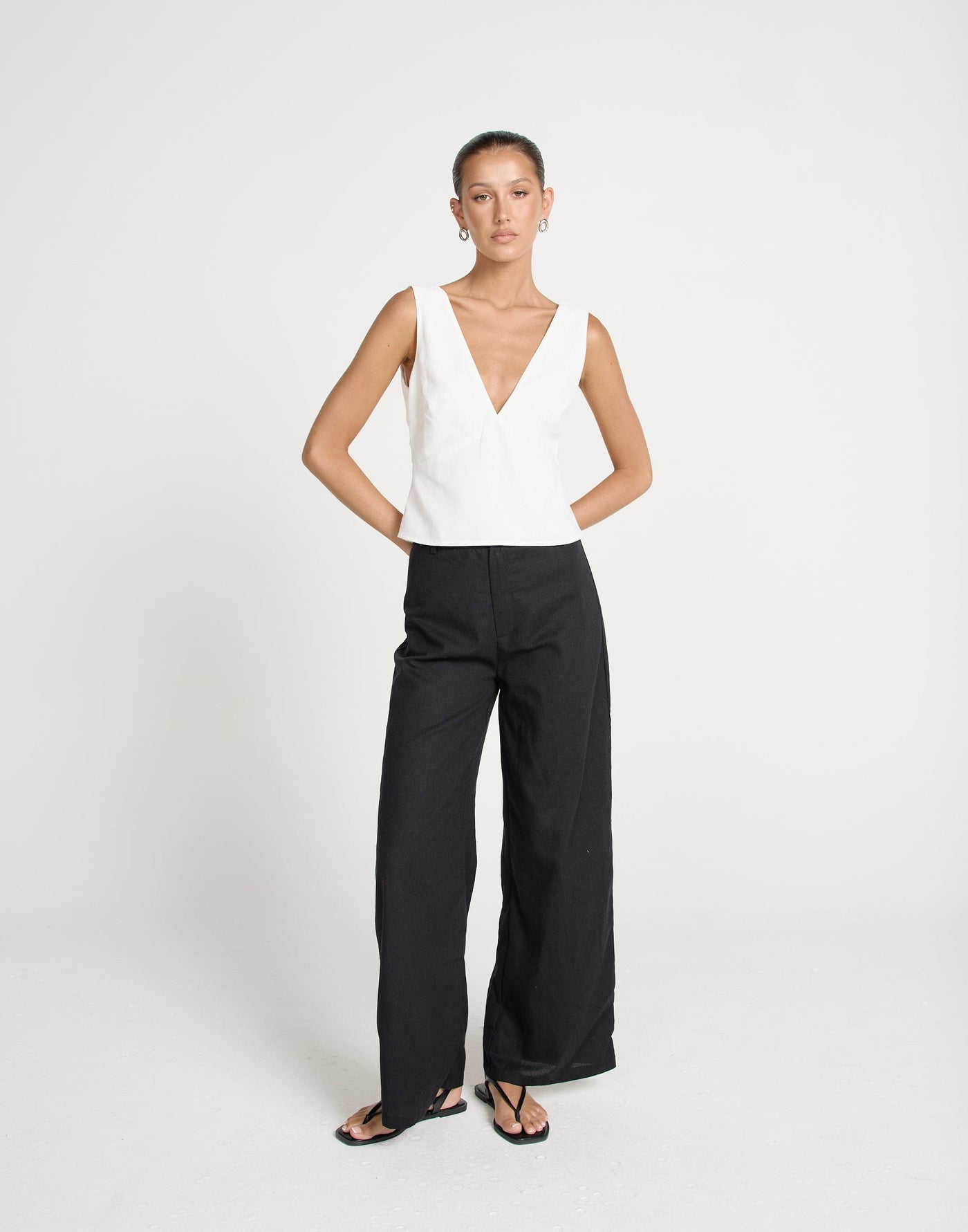 Elio Top (White) | CHARCOAL Exclusive - V-neckline and Backline Linen Blend Top - Women's Top - Charcoal Clothing