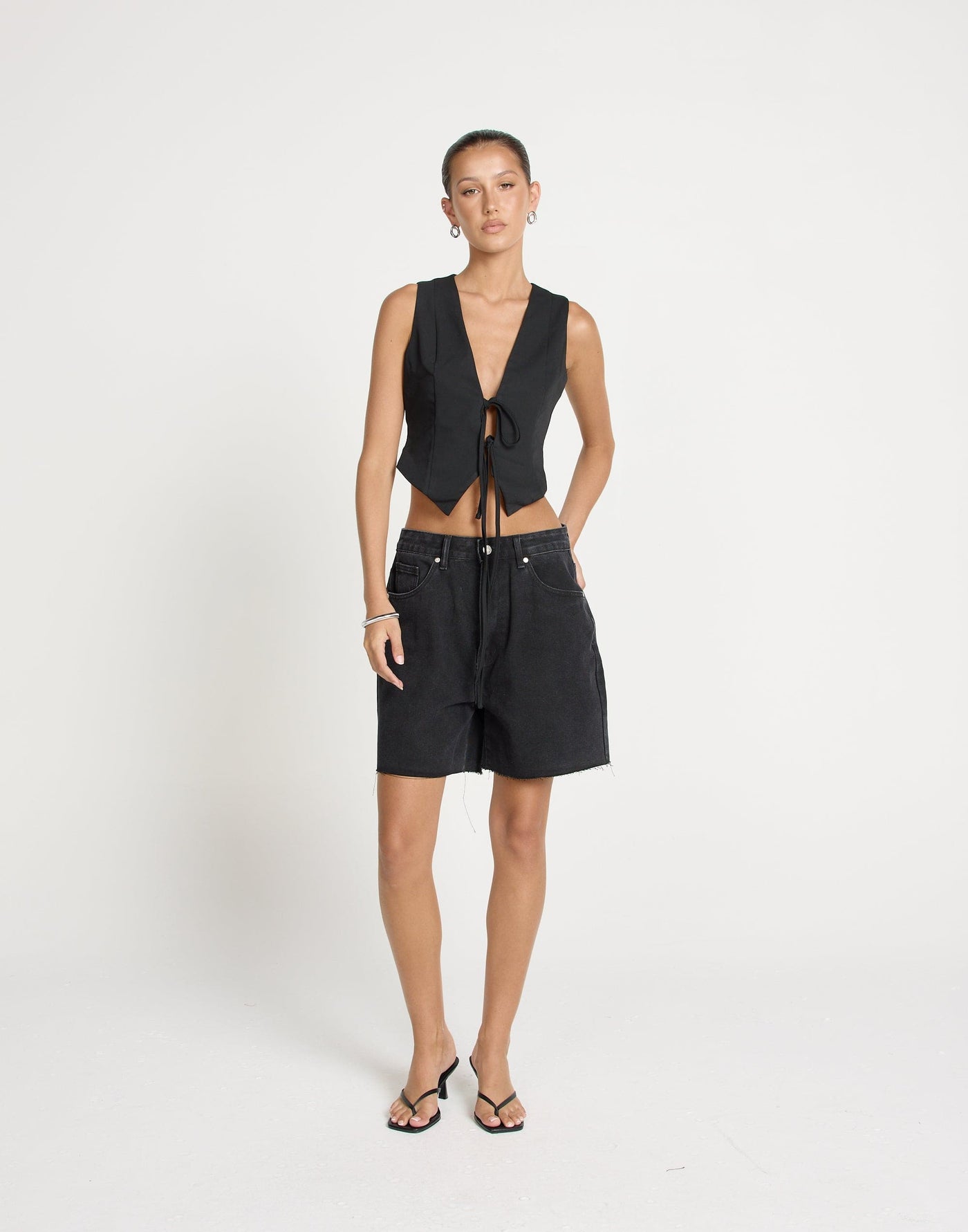 Kimberly Top (Black) | CHARCOAL EXCLUSIVE | Tie Up Bust Detail Vest Style Top - Women's Top - Charcoal Clothing