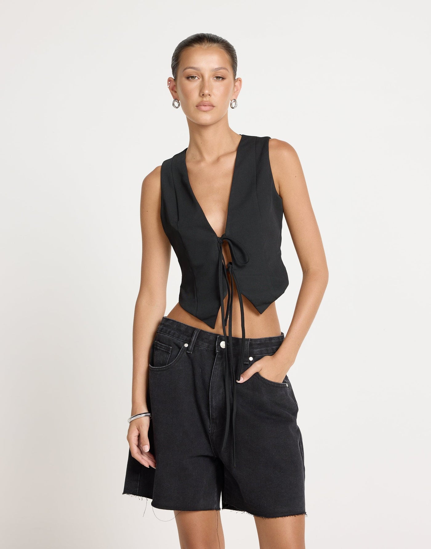 Kimberly Top (Black) | CHARCOAL EXCLUSIVE | Tie Up Bust Detail Vest Style Top - Women's Top - Charcoal Clothing