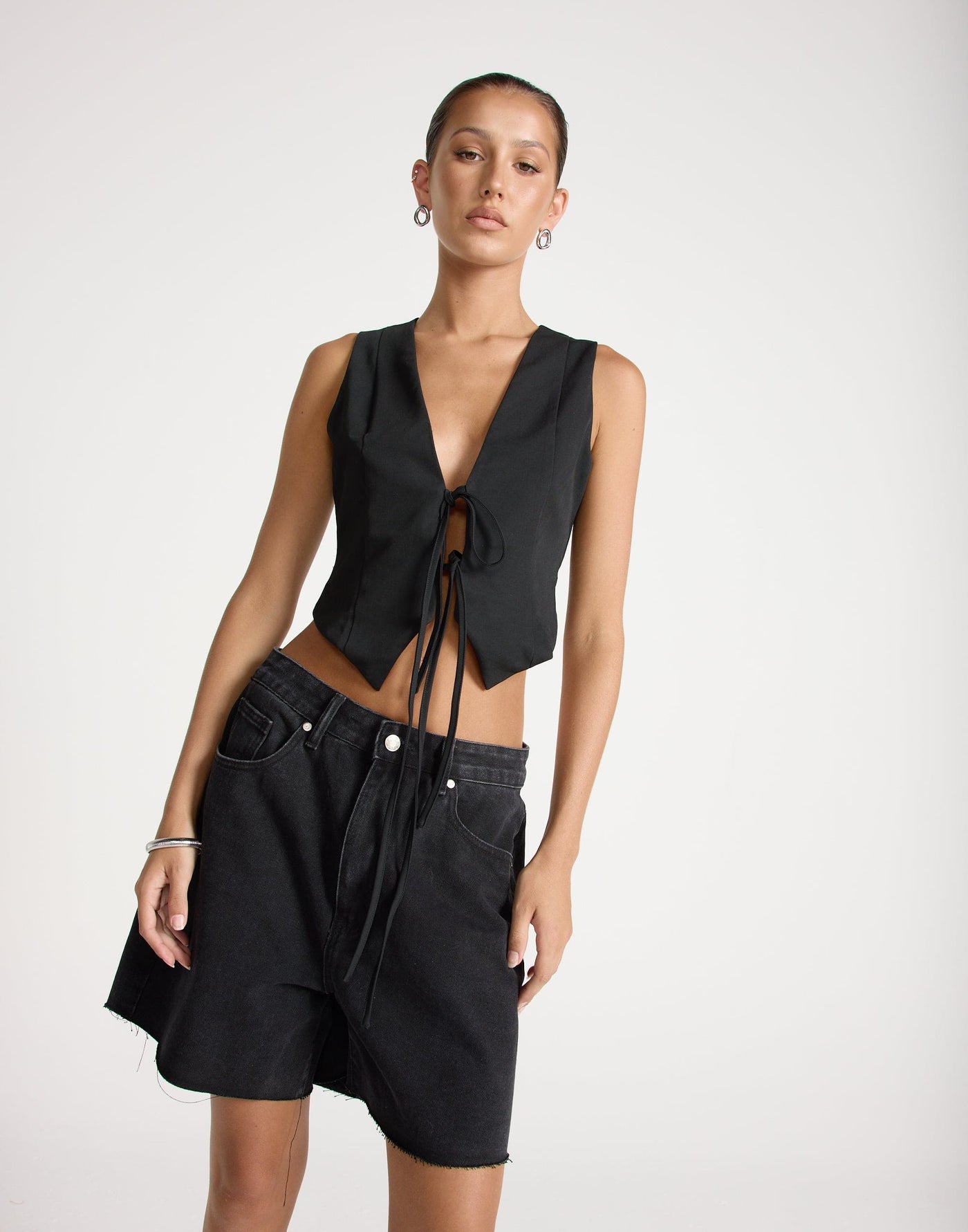Kimberly Top (Black) | CHARCOAL EXCLUSIVE | Tie Up Bust Detail Vest Style Top - Women's Top - Charcoal Clothing