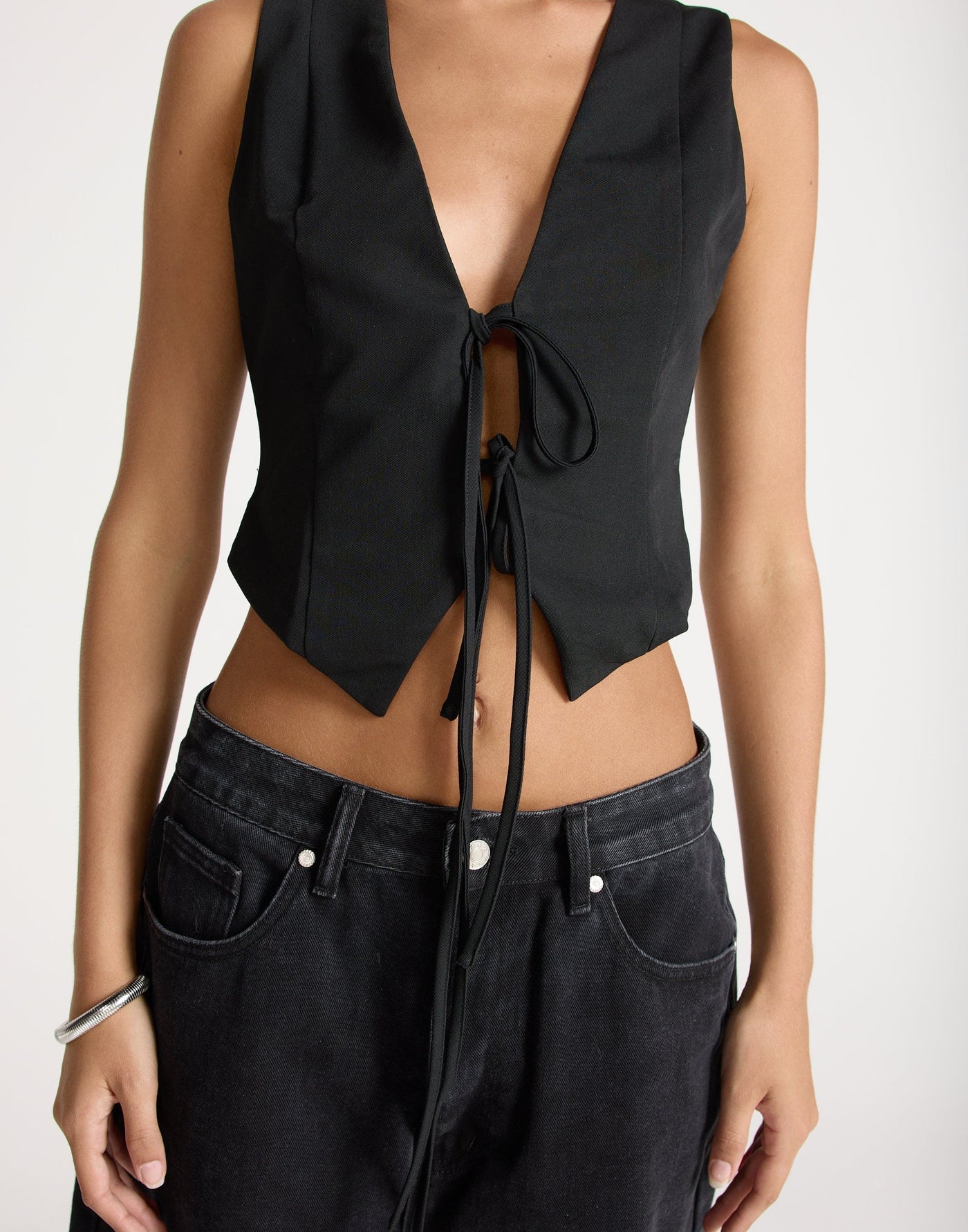 Kimberly Top (Black) | CHARCOAL EXCLUSIVE | Tie Up Bust Detail Vest Style Top - Women's Top - Charcoal Clothing
