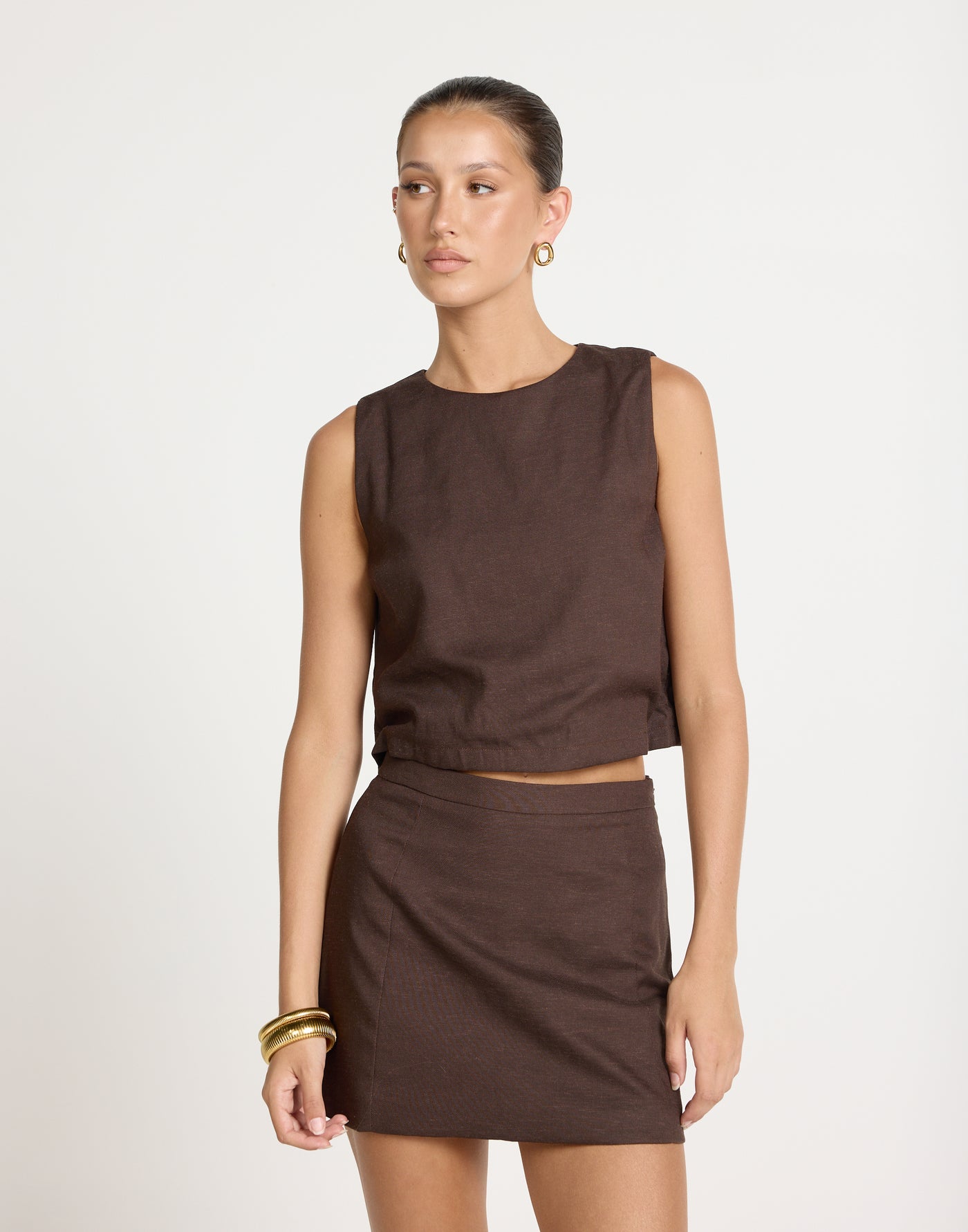 Beckett Mini Skirt (Chocolate) | CHARCOAL EXCLUSIVE - High Waisted Flared Mini Skirt - Women's Skirt - Charcoal Clothing
