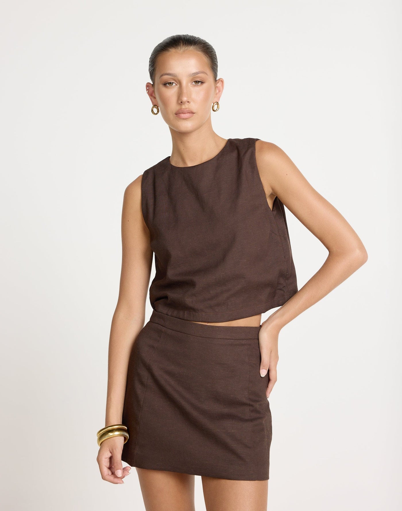 Beckett Mini Skirt (Chocolate) | CHARCOAL EXCLUSIVE - High Waisted Flared Mini Skirt - Women's Skirt - Charcoal Clothing