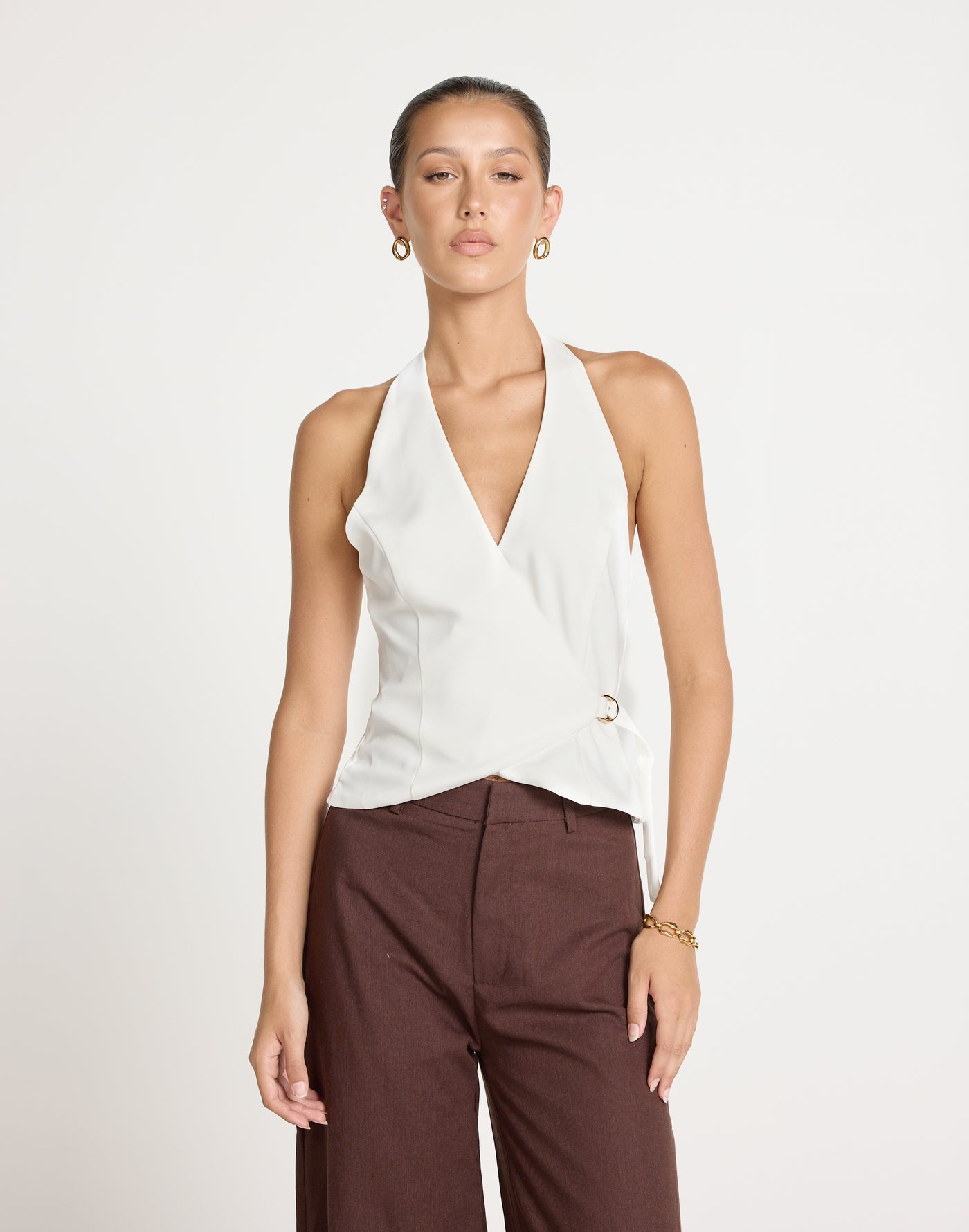 Malika Top (White) | CHARCOAL Exclusive - V-neckline Suiting Adjustable Waist Top - Women's Top - Charcoal Clothing
