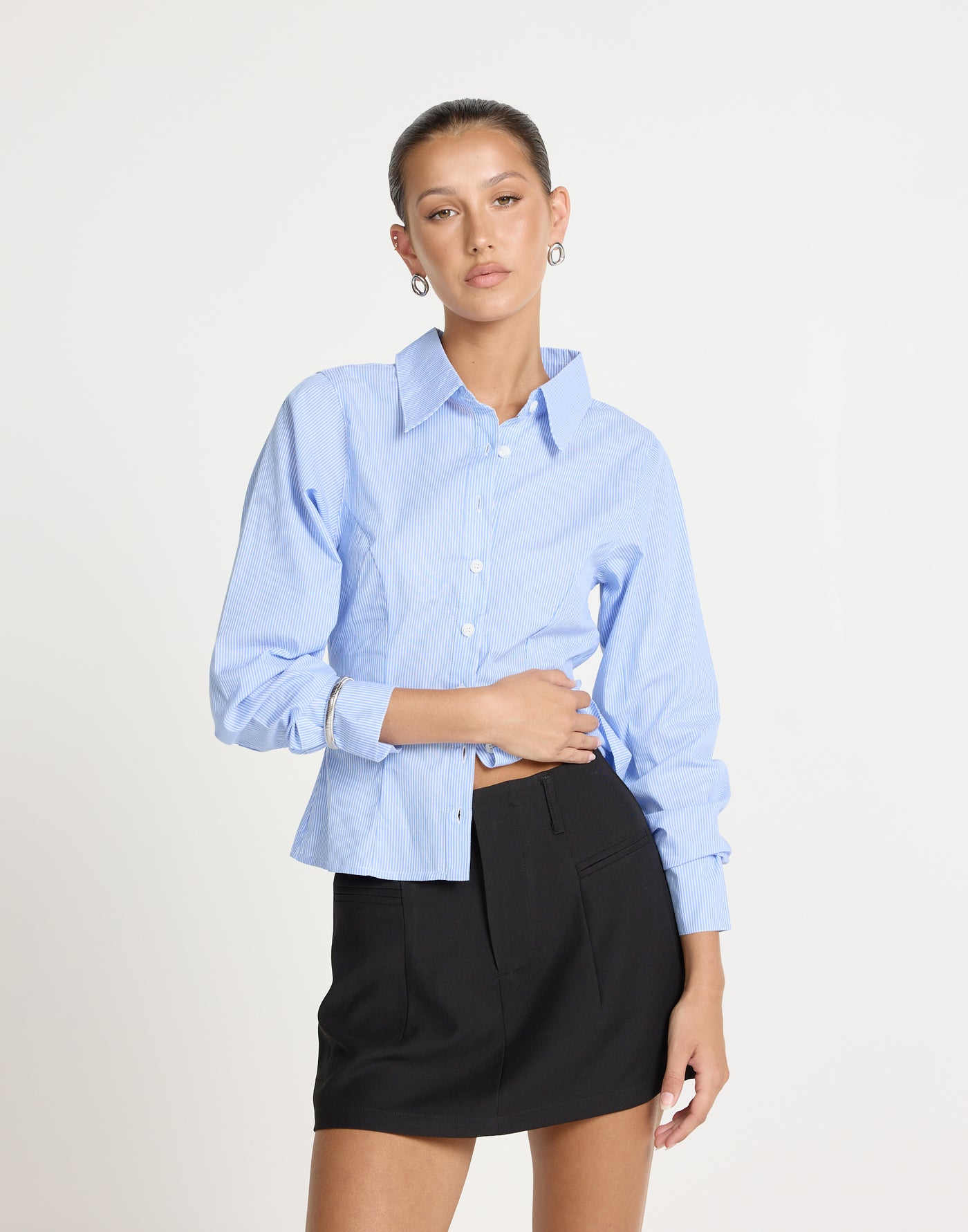 Teri Long Sleeve Shirt (Blue/ White Stripe) | CHARCOAL CLOTHING | Button Up Stripe Fitted Top - Women's Shirt - Charcoal Clothing