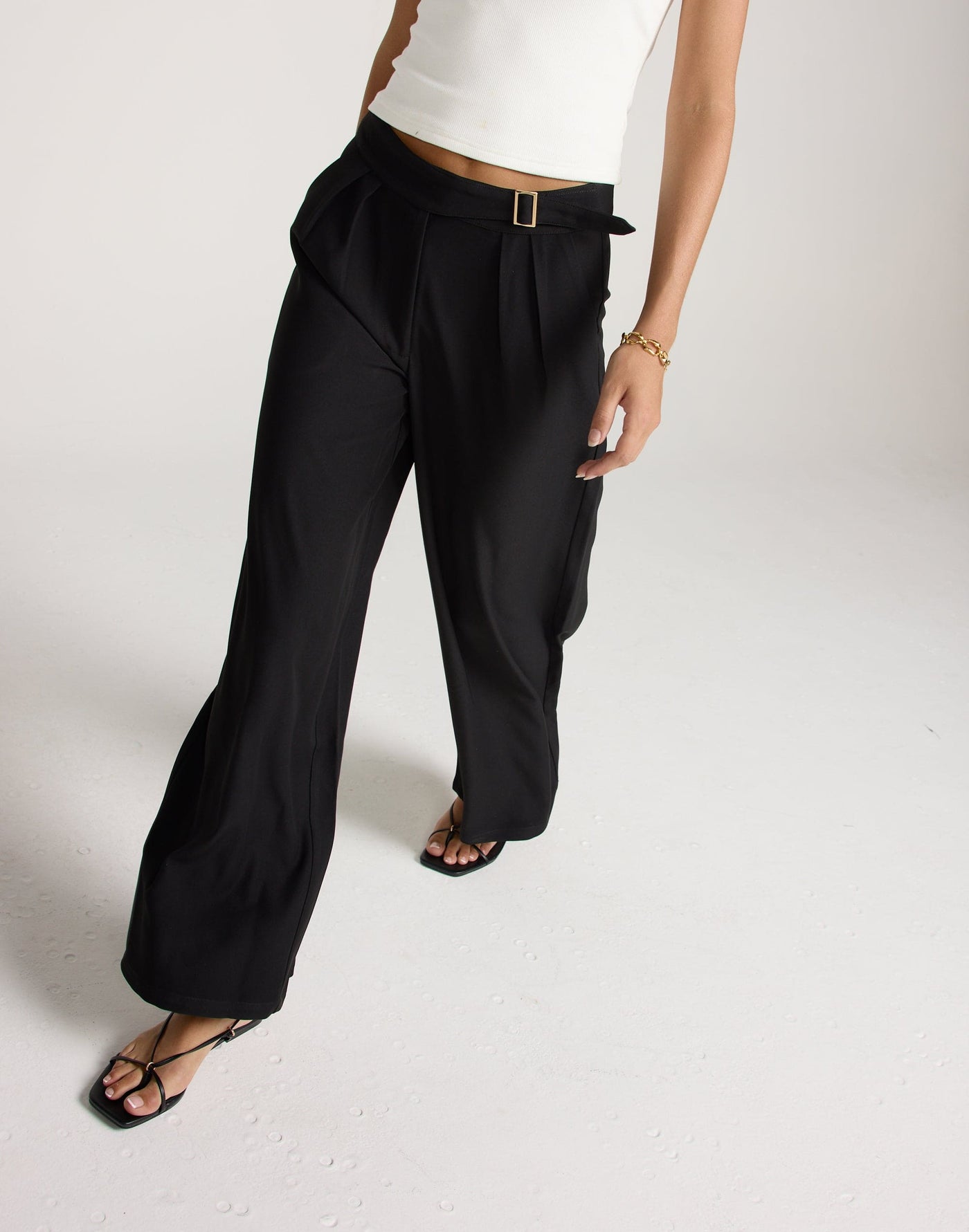 Katja Pants (Black) | CHARCOAL EXCLUSIVE | Adjustable Buckle Detail Mid Rise Pants - Women's Pants - Charcoal Clothing
