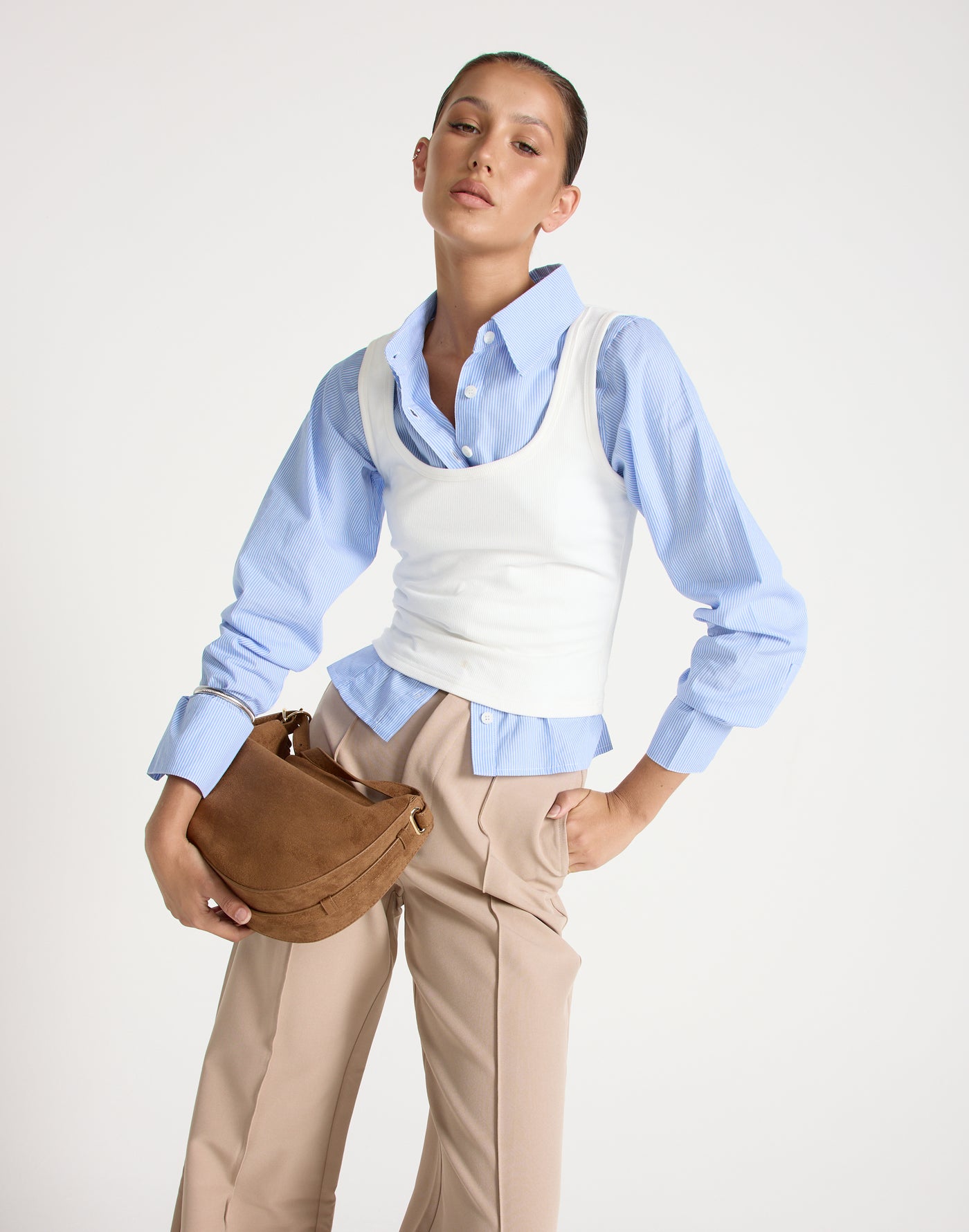 Teri Long Sleeve Shirt (Blue/ White Stripe) | CHARCOAL CLOTHING | Button Up Stripe Fitted Top - Women's Shirt - Charcoal Clothing
