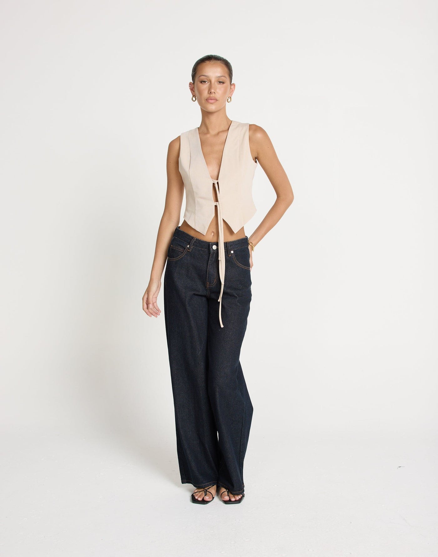Kimberly Top (Latte) | CHARCOAL EXCLUSIVE | Tie Up Bust Detail Vest Style Top - Women's Top - Charcoal Clothing