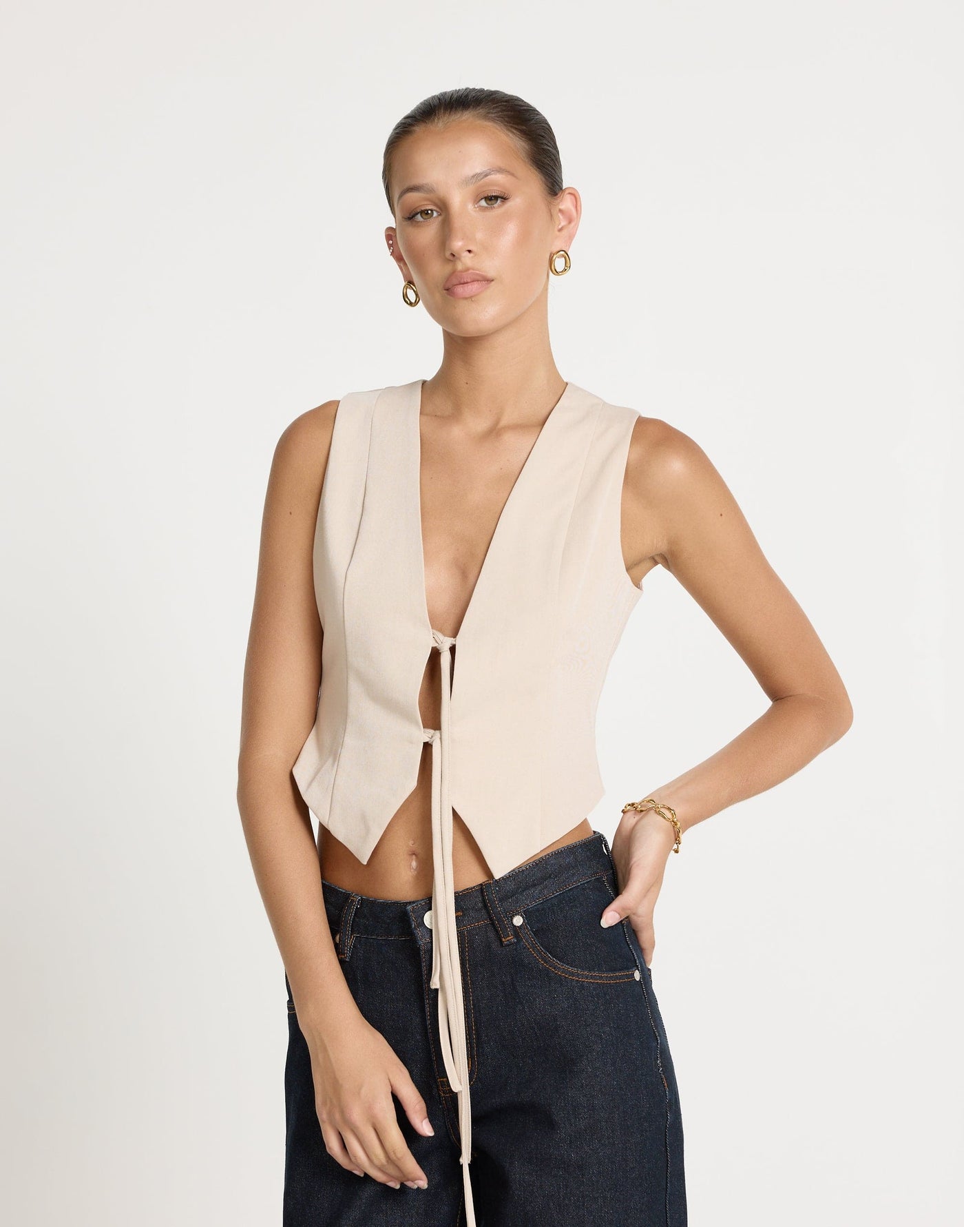 Kimberly Top (Latte) | CHARCOAL EXCLUSIVE | Tie Up Bust Detail Vest Style Top - Women's Top - Charcoal Clothing