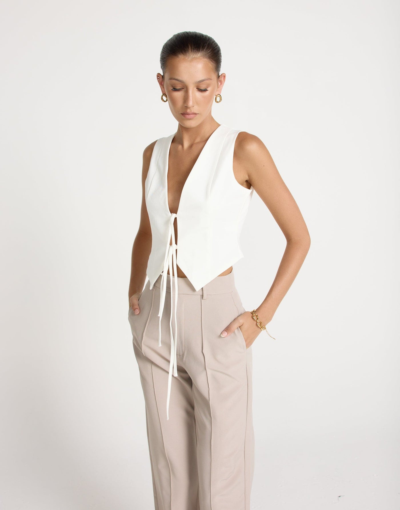 Kimberly Top (White) | CHARCOAL EXCLUSIVE | Tie Up Bust Detail Vest Style Top - Women's Top - Charcoal Clothing