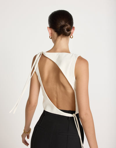 Sotiria Top (Oat) | CHARCOAL EXCLUSIVE | Open Tie Up Back High Neck - Women's Top - Charcoal Clothing