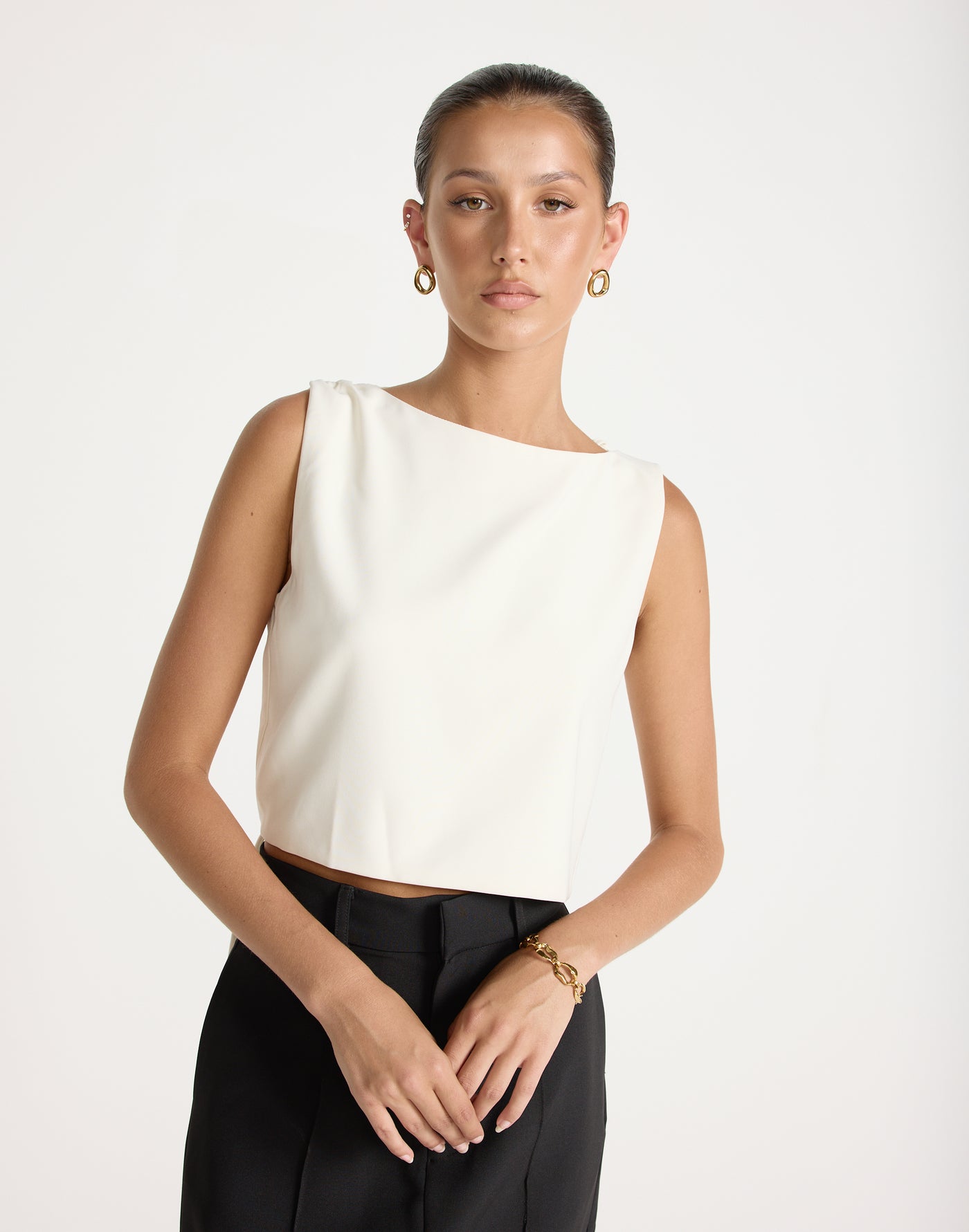 Sotiria Top (Oat) | CHARCOAL EXCLUSIVE | Open Tie Up Back High Neck - Women's Top - Charcoal Clothing