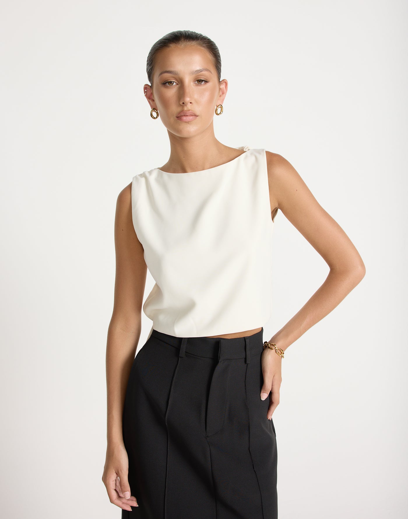 Sotiria Top (Oat) | CHARCOAL EXCLUSIVE | Open Tie Up Back High Neck - Women's Top - Charcoal Clothing