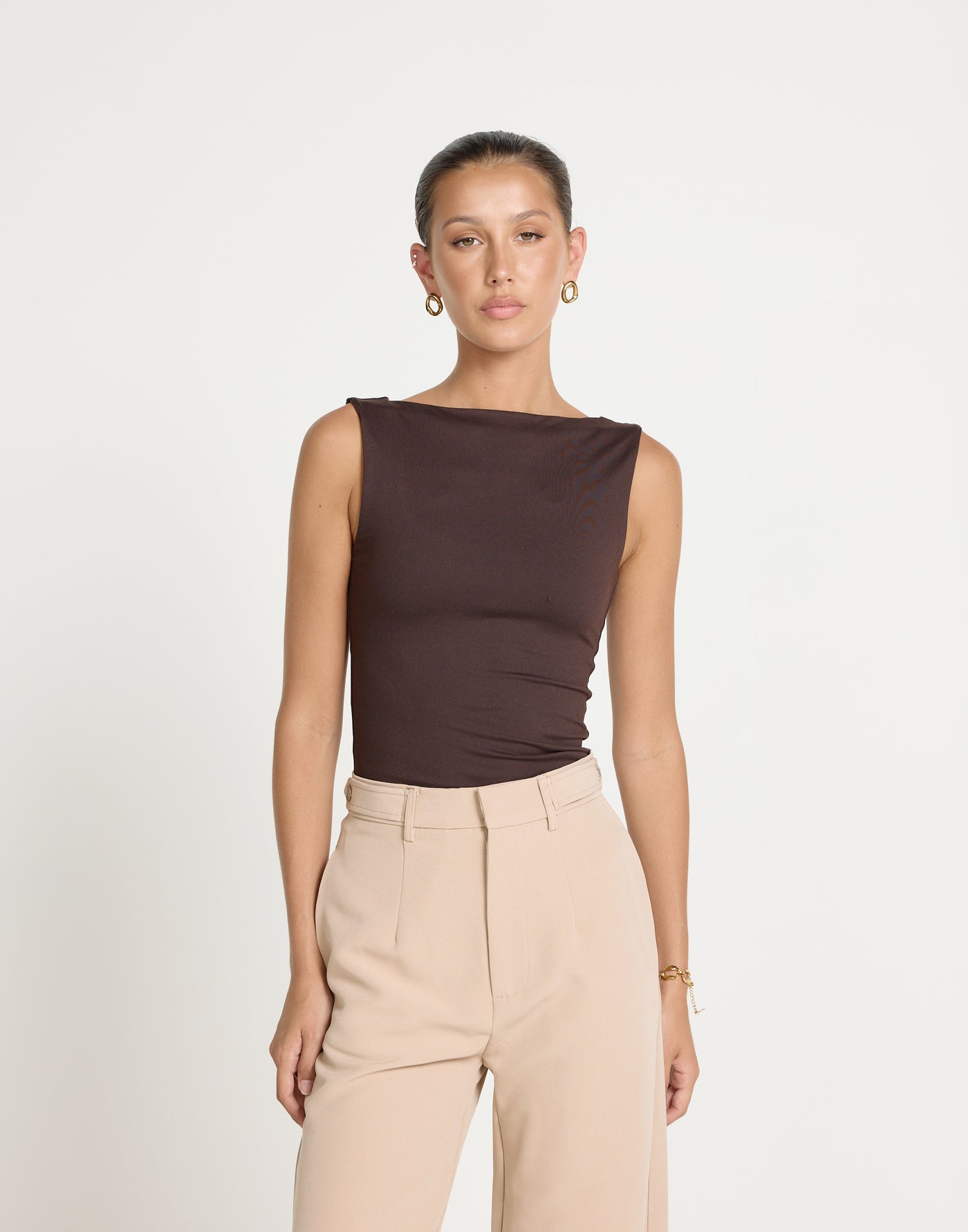 Heatwave Top (Chocolate) | CHARCOAL Exclusive - Boat Neckline Bodycon Butter Jersey Top - Women's Top - Charcoal Clothing