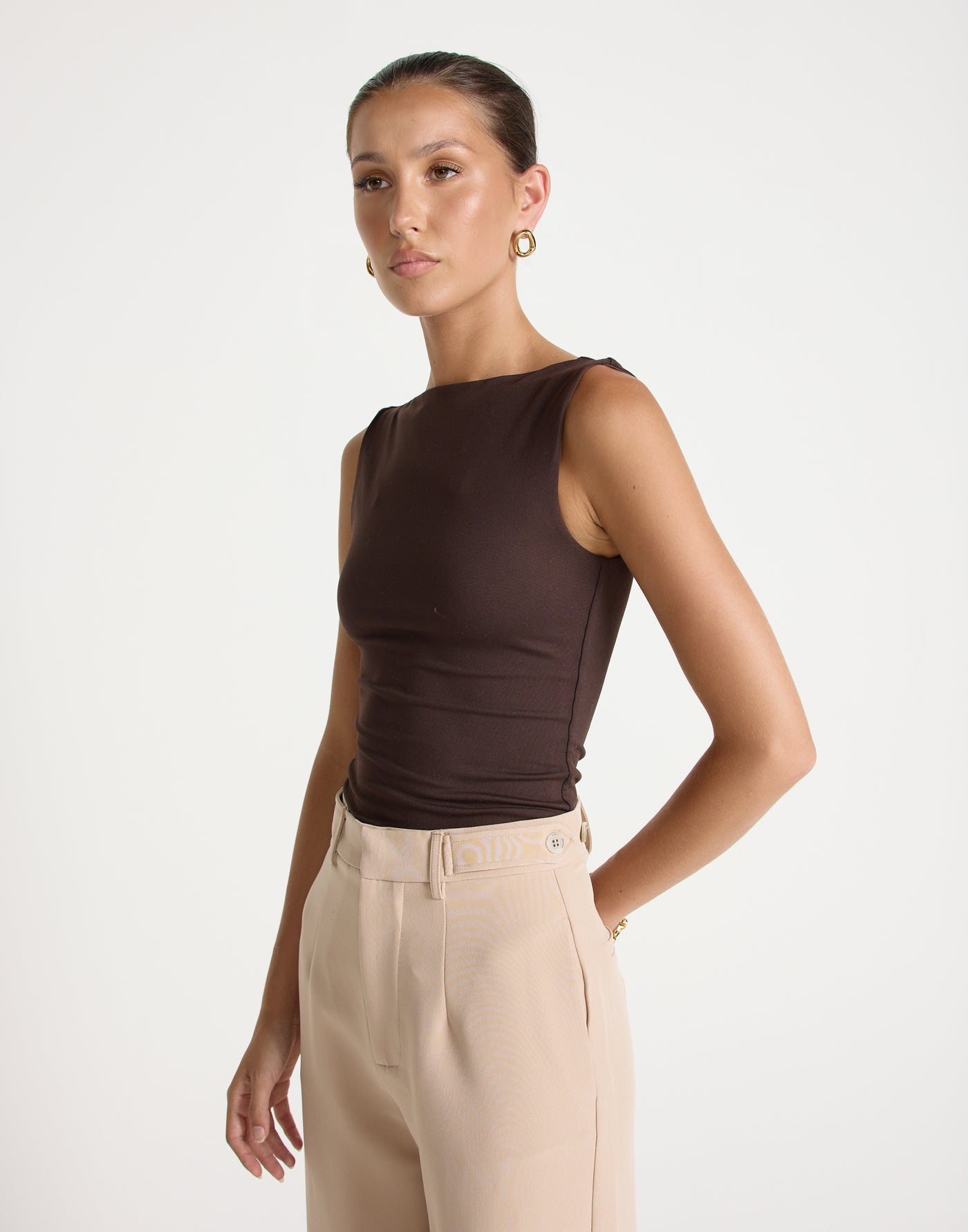 Heatwave Top (Chocolate) | CHARCOAL Exclusive - Boat Neckline Bodycon Butter Jersey Top - Women's Top - Charcoal Clothing