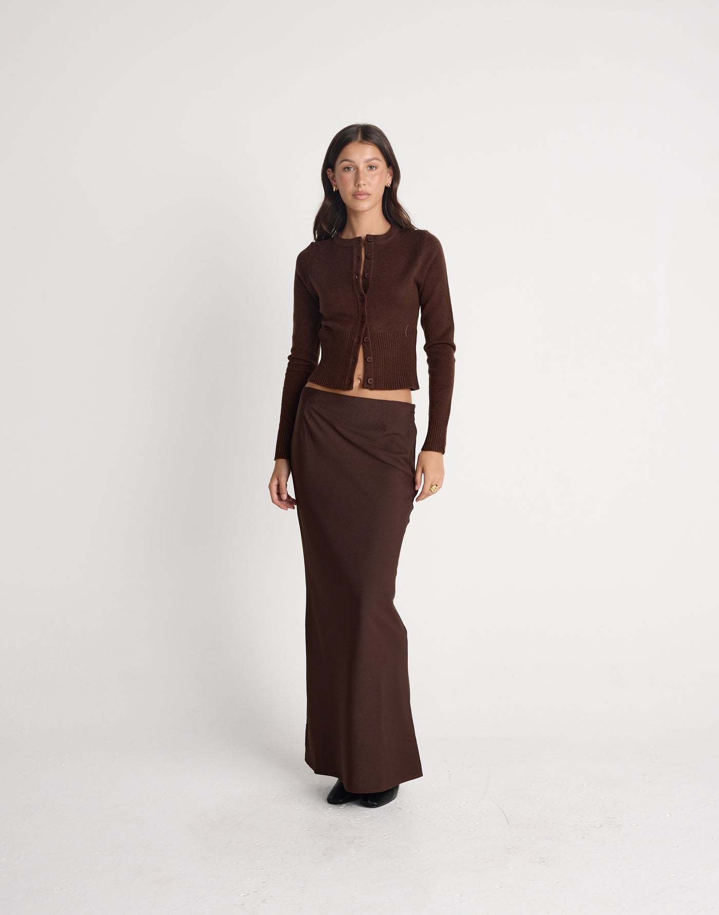 Deidra Top (Chocolate) | CHARCOAL EXCLUSIVE | Button closure ribbed detailing knit cardigan - Women's Top - Charcoal Clothing