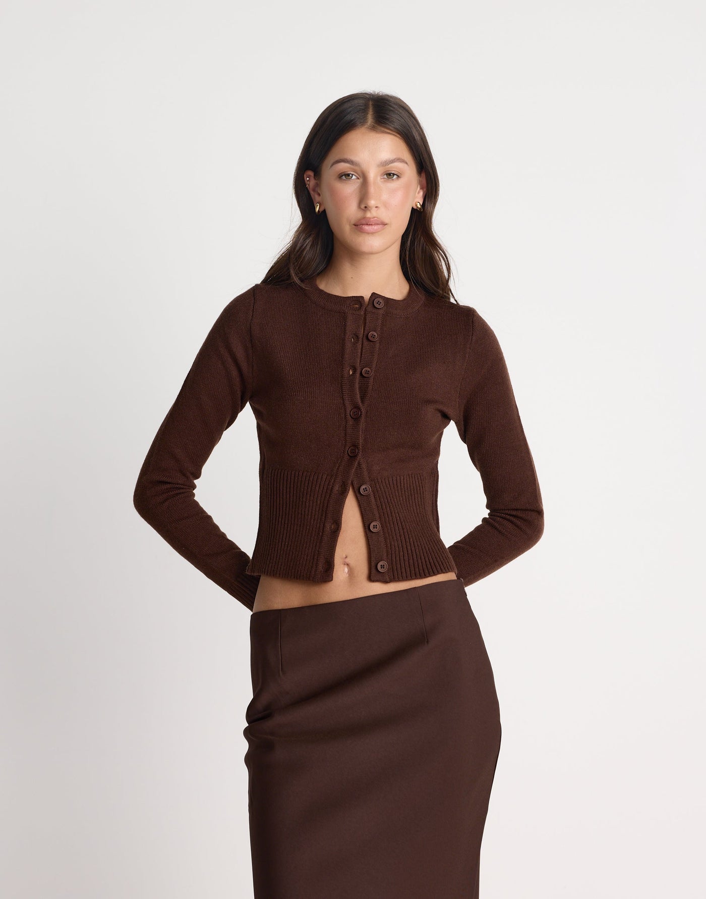Deidra Top (Chocolate) | CHARCOAL EXCLUSIVE | Button closure ribbed detailing knit cardigan - Women's Top - Charcoal Clothing
