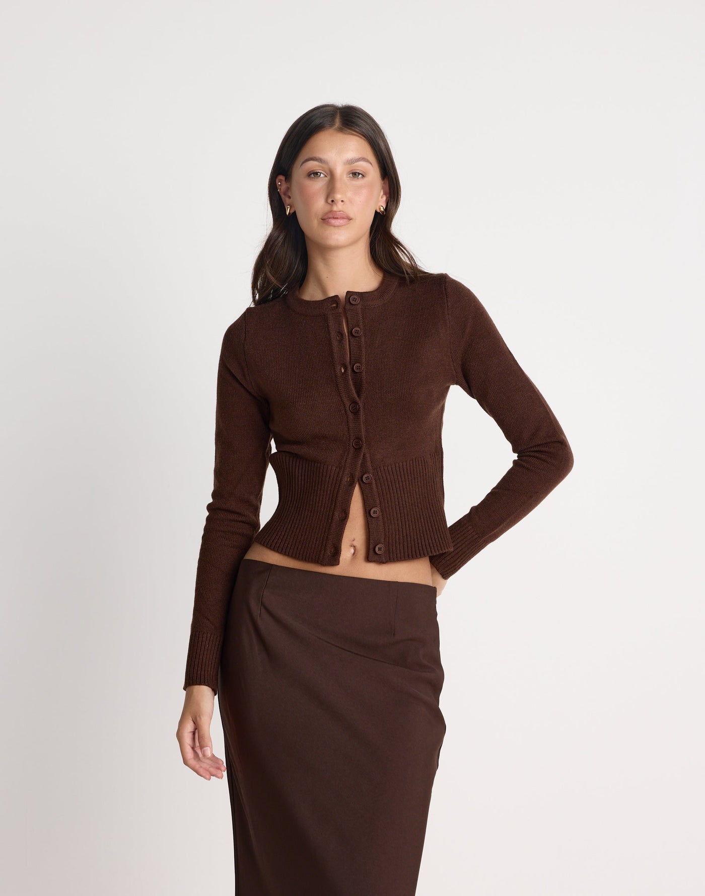 Deidra Top (Chocolate) | CHARCOAL EXCLUSIVE | Button closure ribbed detailing knit cardigan - Women's Top - Charcoal Clothing
