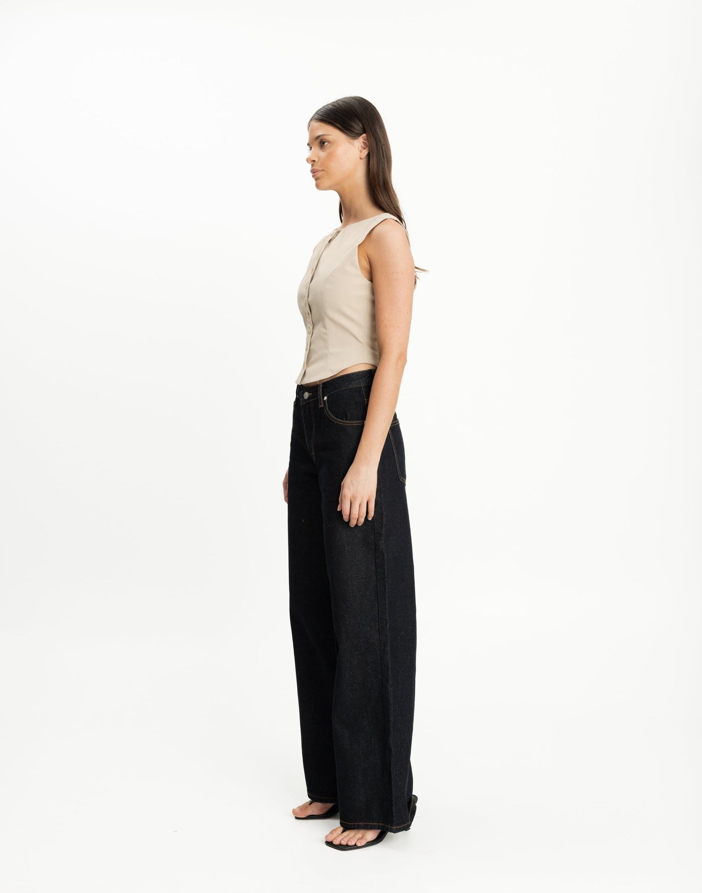 Picnic Top (Latte) | CHARCOAL Exclusive - Round Neckline Centre Front Button Closure Top - Women's Top - Charcoal Clothing