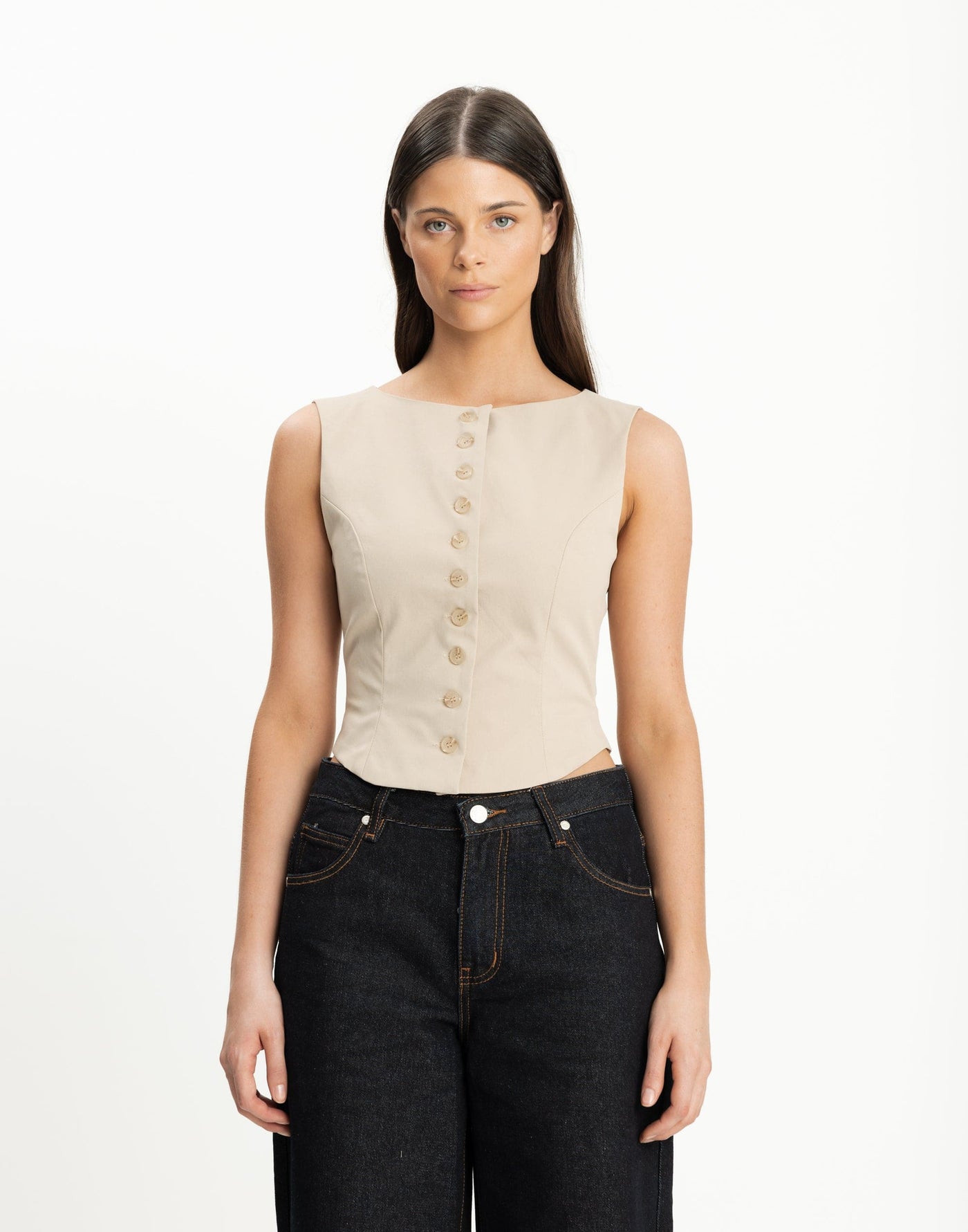 Picnic Top (Latte) | CHARCOAL Exclusive - Round Neckline Centre Front Button Closure Top - Women's Top - Charcoal Clothing