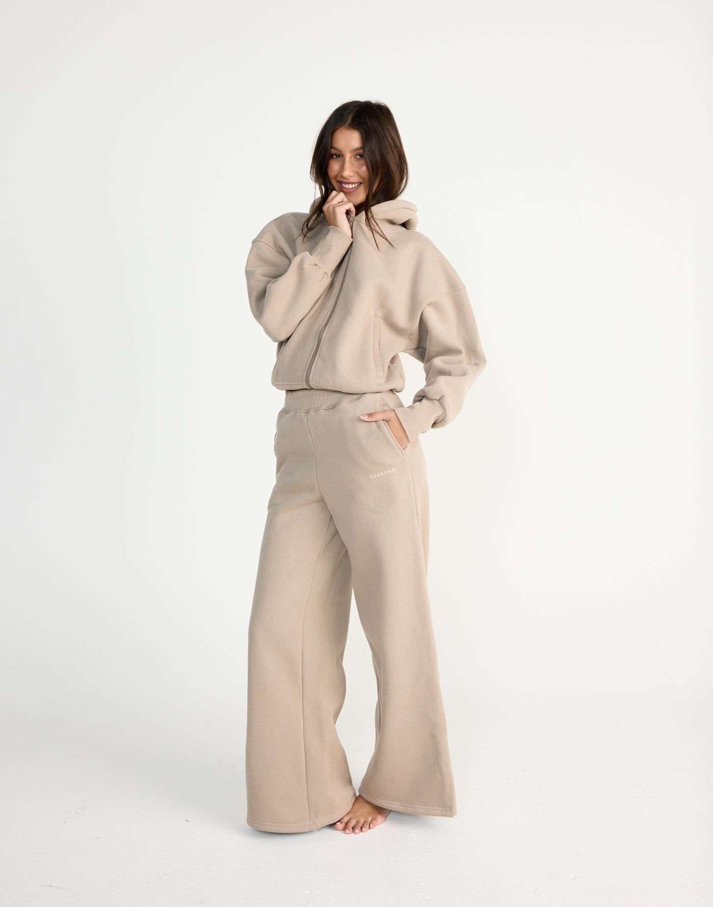 River Wide Leg Tracksuit Pants (Stone) | CHARCOAL EXCLUSIVE | High waisted tracksuit pants with a wide leg - Women's Pants - Charcoal Clothing