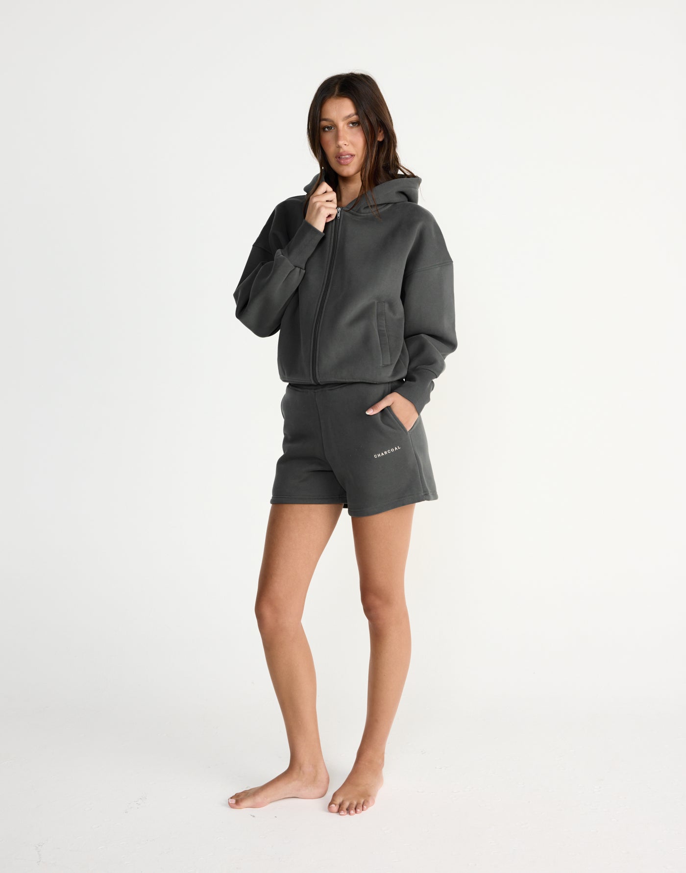 River Sweat Shorts (Slate) | CHARCOAL EXCLUSIVE | High waisted tracksuit shorts with fleece lining - Women's Shorts - Charcoal Clothing