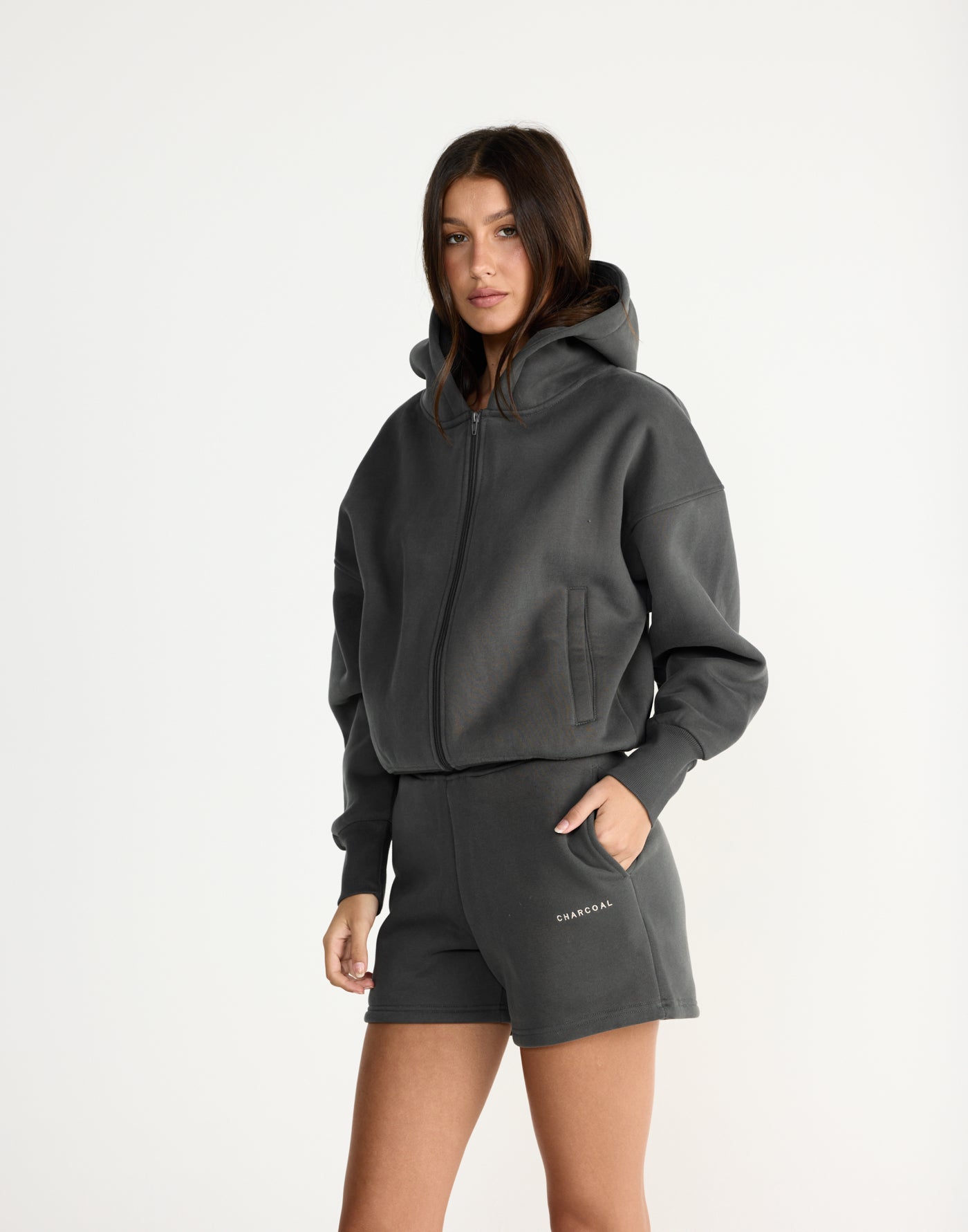 River Sweat Shorts (Slate) | CHARCOAL EXCLUSIVE | High waisted tracksuit shorts with fleece lining - Women's Shorts - Charcoal Clothing