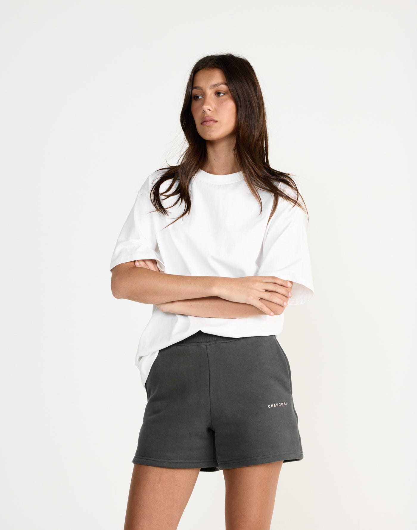 River Sweat Shorts (Slate) | CHARCOAL EXCLUSIVE | High waisted tracksuit shorts with fleece lining - Women's Shorts - Charcoal Clothing