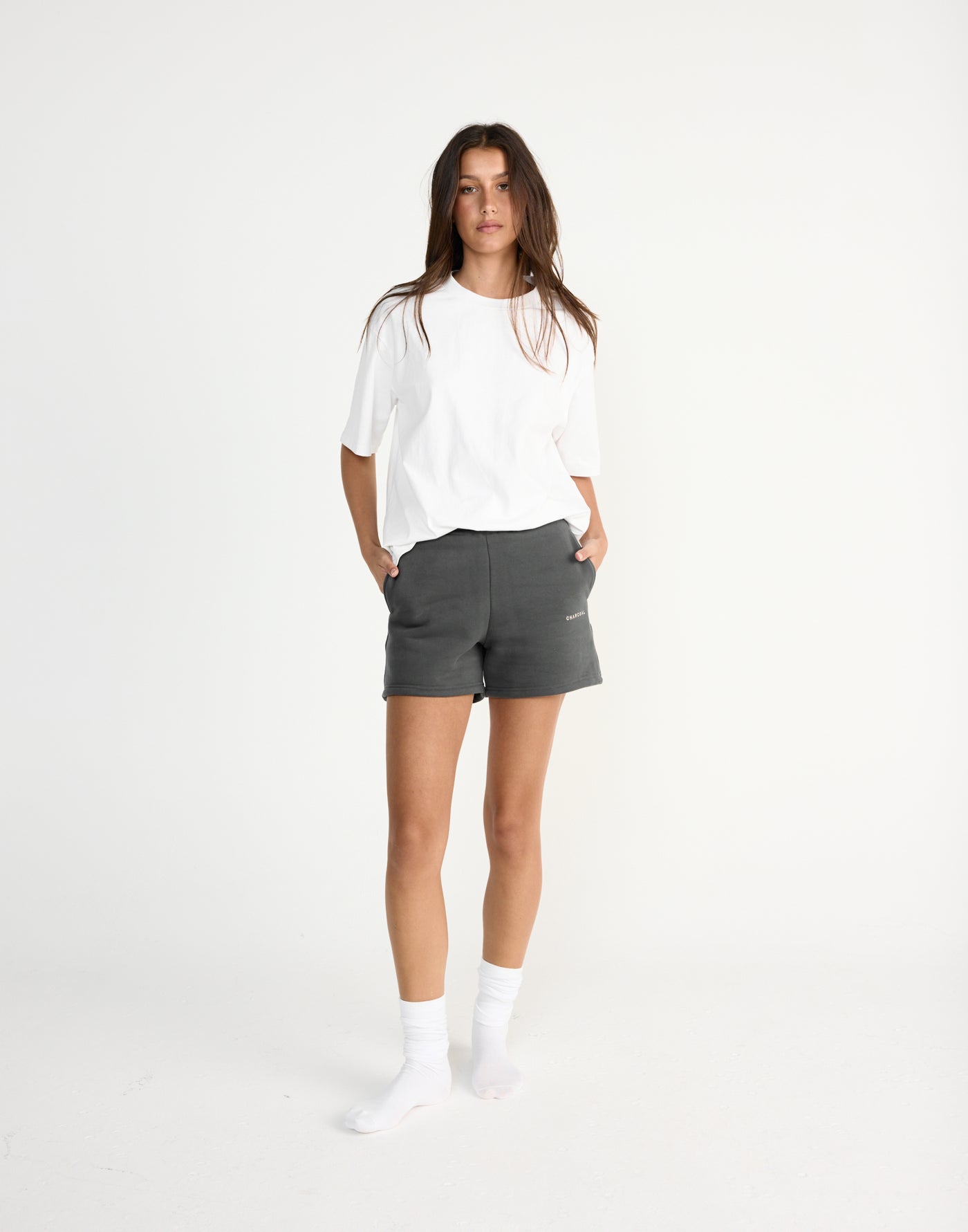 River Sweat Shorts (Slate) | CHARCOAL EXCLUSIVE | High waisted tracksuit shorts with fleece lining - Women's Shorts - Charcoal Clothing
