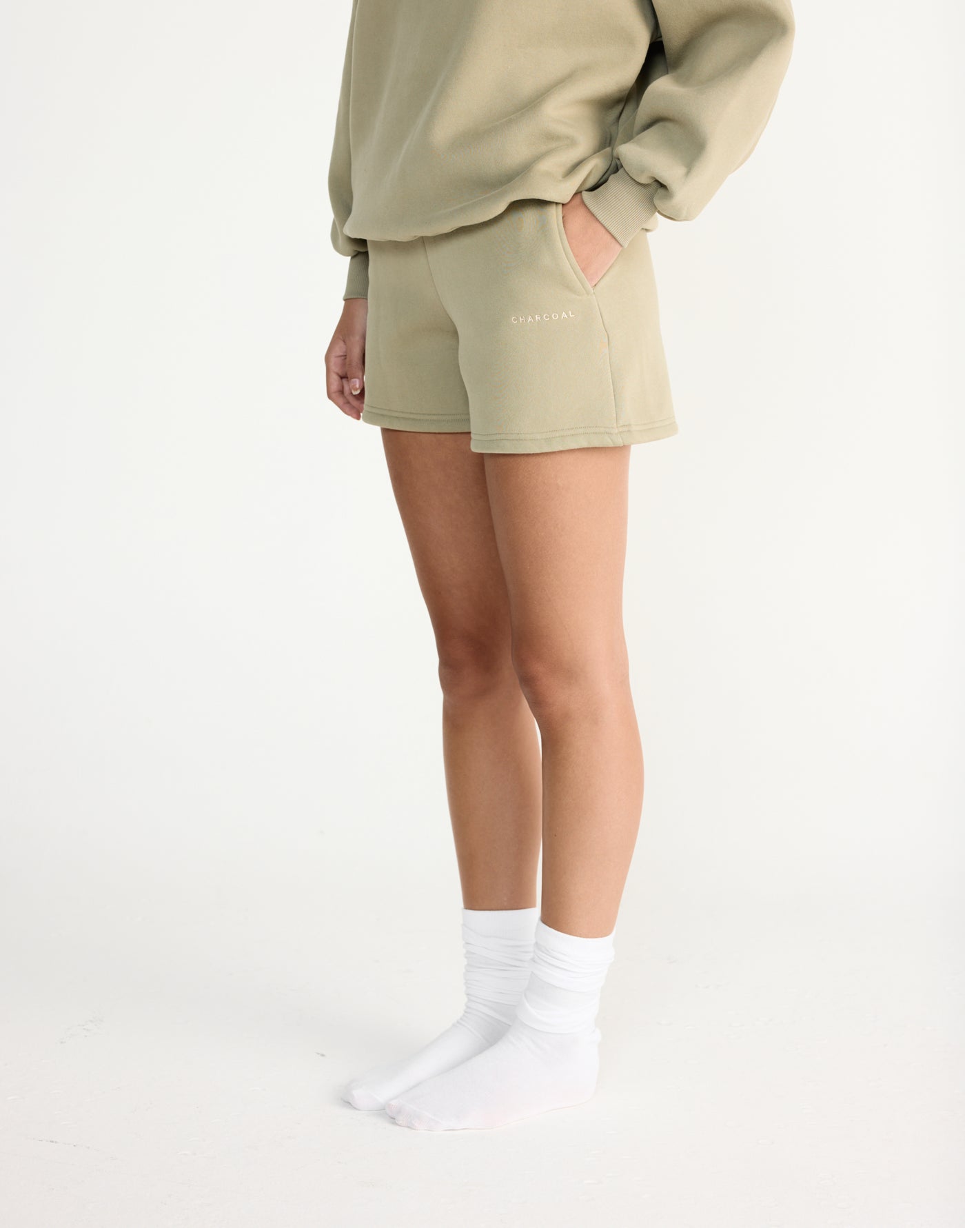 River Sweat Shorts (Matcha) | CHARCOAL EXCLUSIVE | High waisted tracksuit shorts with fleece lining - Women's Shorts - Charcoal Clothing