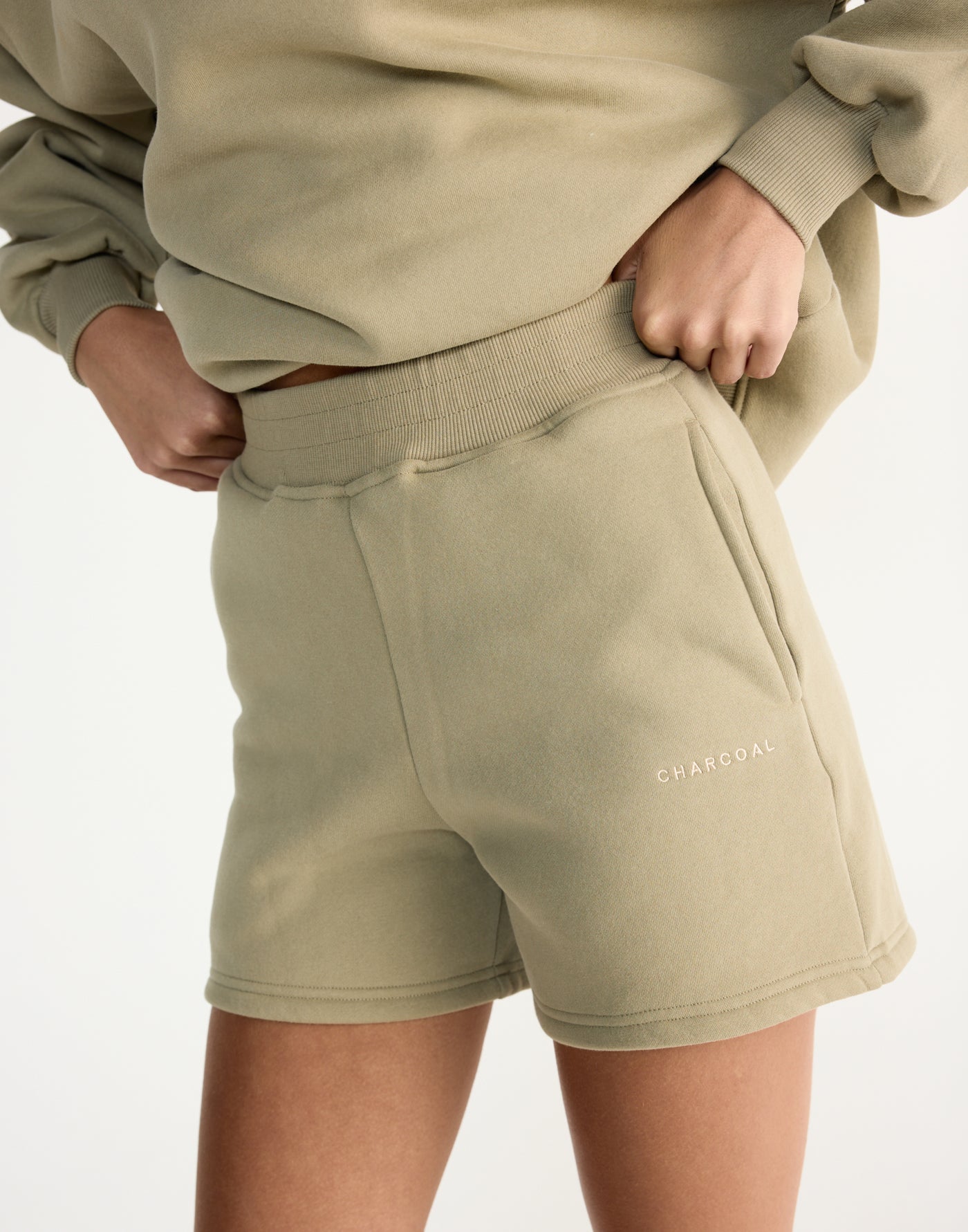River Sweat Shorts (Matcha) | CHARCOAL EXCLUSIVE | High waisted tracksuit shorts with fleece lining - Women's Shorts - Charcoal Clothing