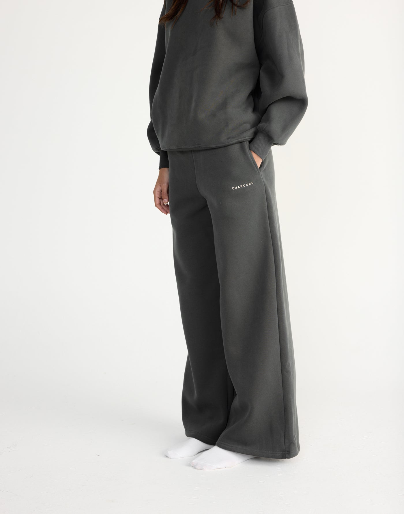 River Wide Leg Tracksuit Pants (Slate) | CHARCOAL EXCLUSIVE | High waisted tracksuit pants with a wide leg - Women's Pants - Charcoal Clothing