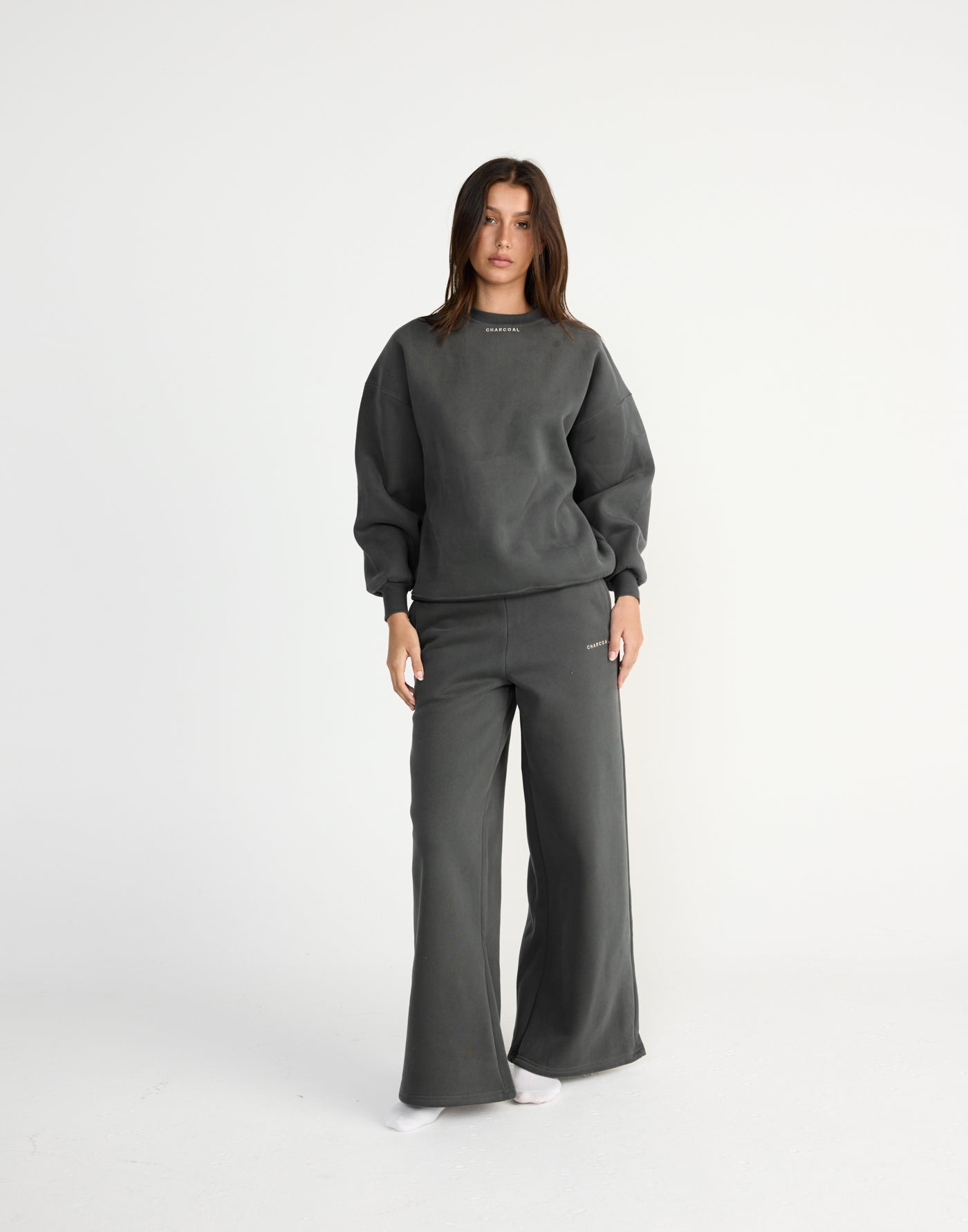 River Wide Leg Tracksuit Pants (Slate) | CHARCOAL EXCLUSIVE | High waisted tracksuit pants with a wide leg - Women's Pants - Charcoal Clothing