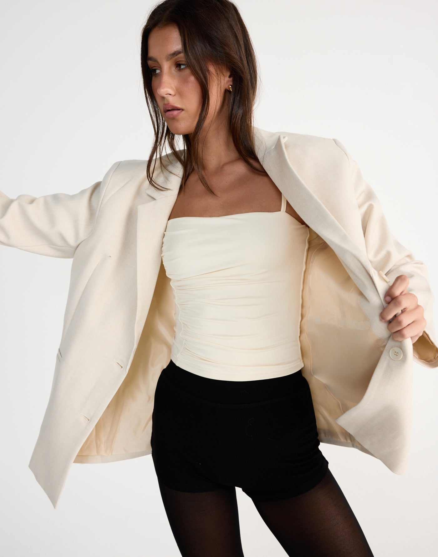 Mira Top (Oat) | CHARCOAL EXCLUSIVE | Thin strap bodycon top with gathering - Women's Top - Charcoal Clothing