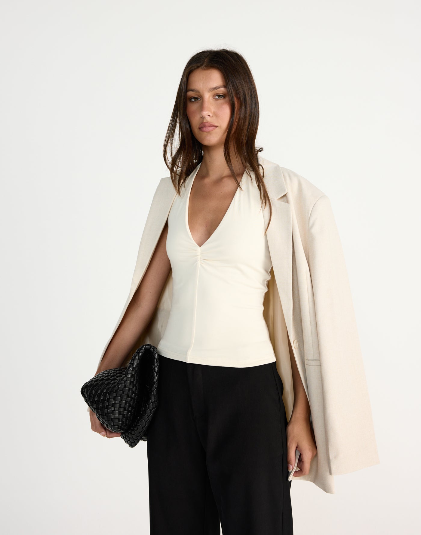 Marina Top (Oat) | CHARCOAL EXCLUSIVE | Halter V-neckline top with front gathering - Women's Top - Charcoal Clothing