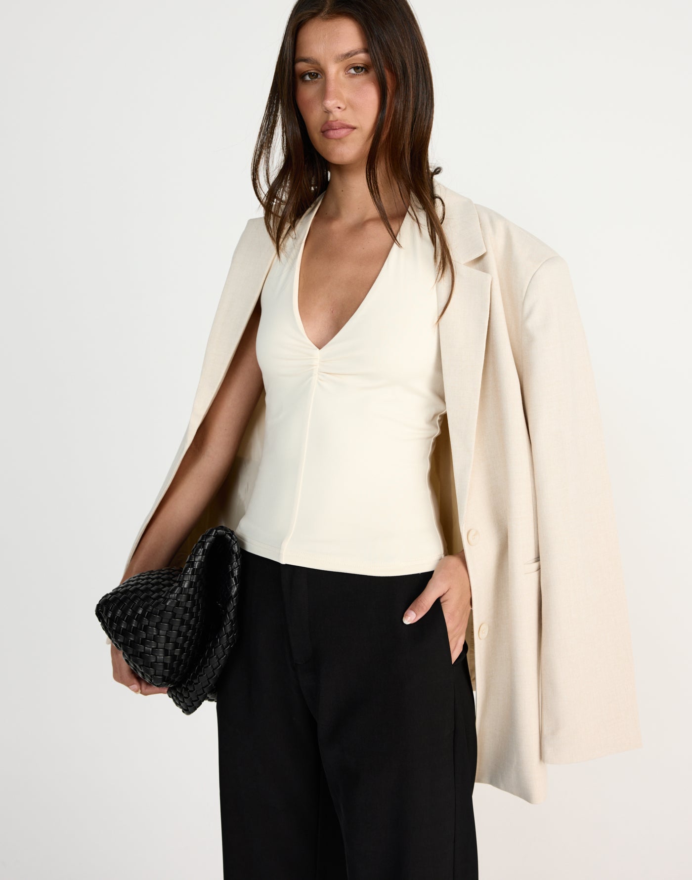 Marina Top (Oat) | CHARCOAL EXCLUSIVE | Halter V-neckline top with front gathering - Women's Top - Charcoal Clothing