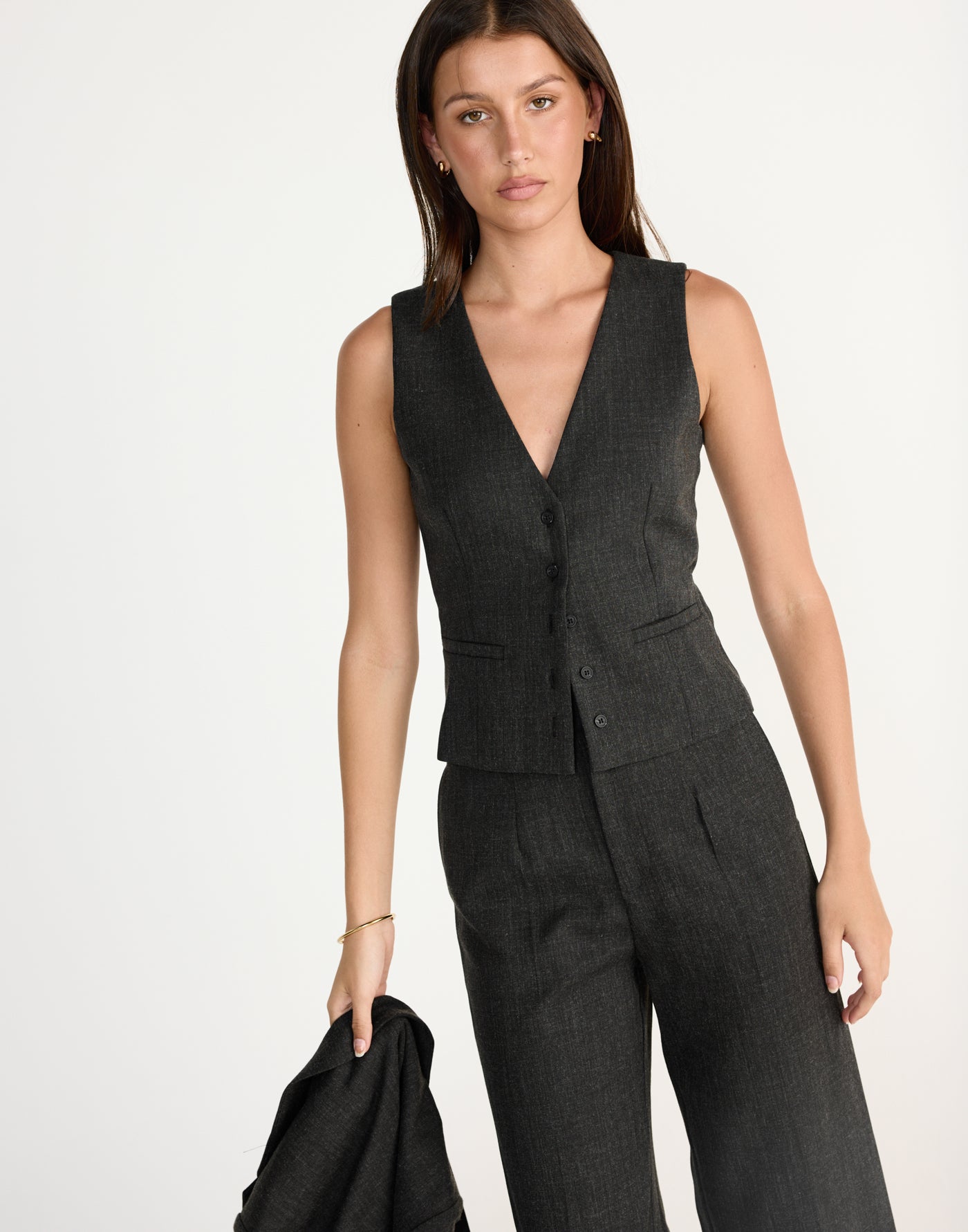 Reagan Vest (Black Marle) | CHARCOAL EXCLUSIVE | V-neckline vest top - Women's Outerwear - Charcoal Clothing