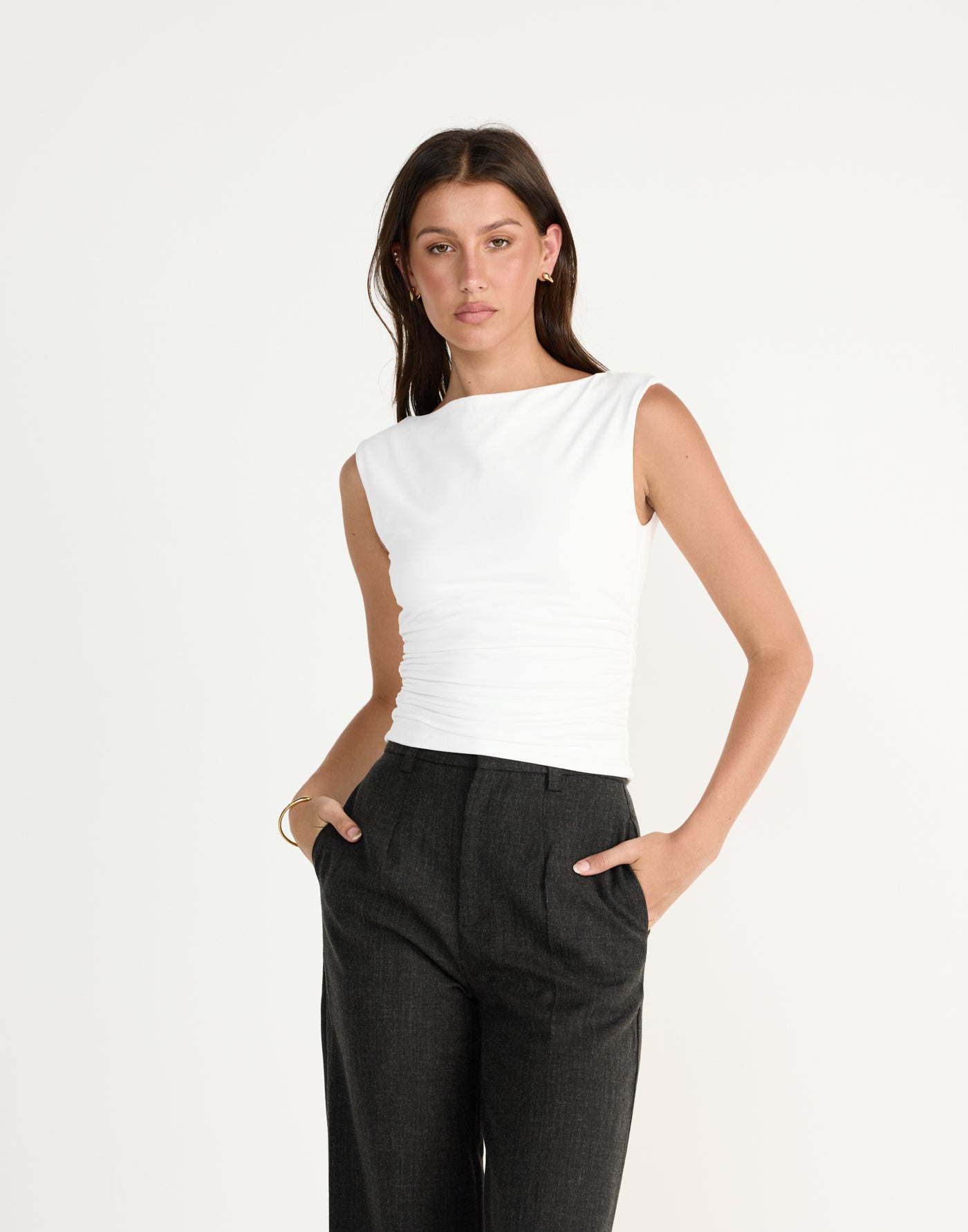 Kellan Top (White) | CHARCOAL EXCLUSIVE | Boatneck top bodycon and gathering on sides - Women's Top - Charcoal Clothing